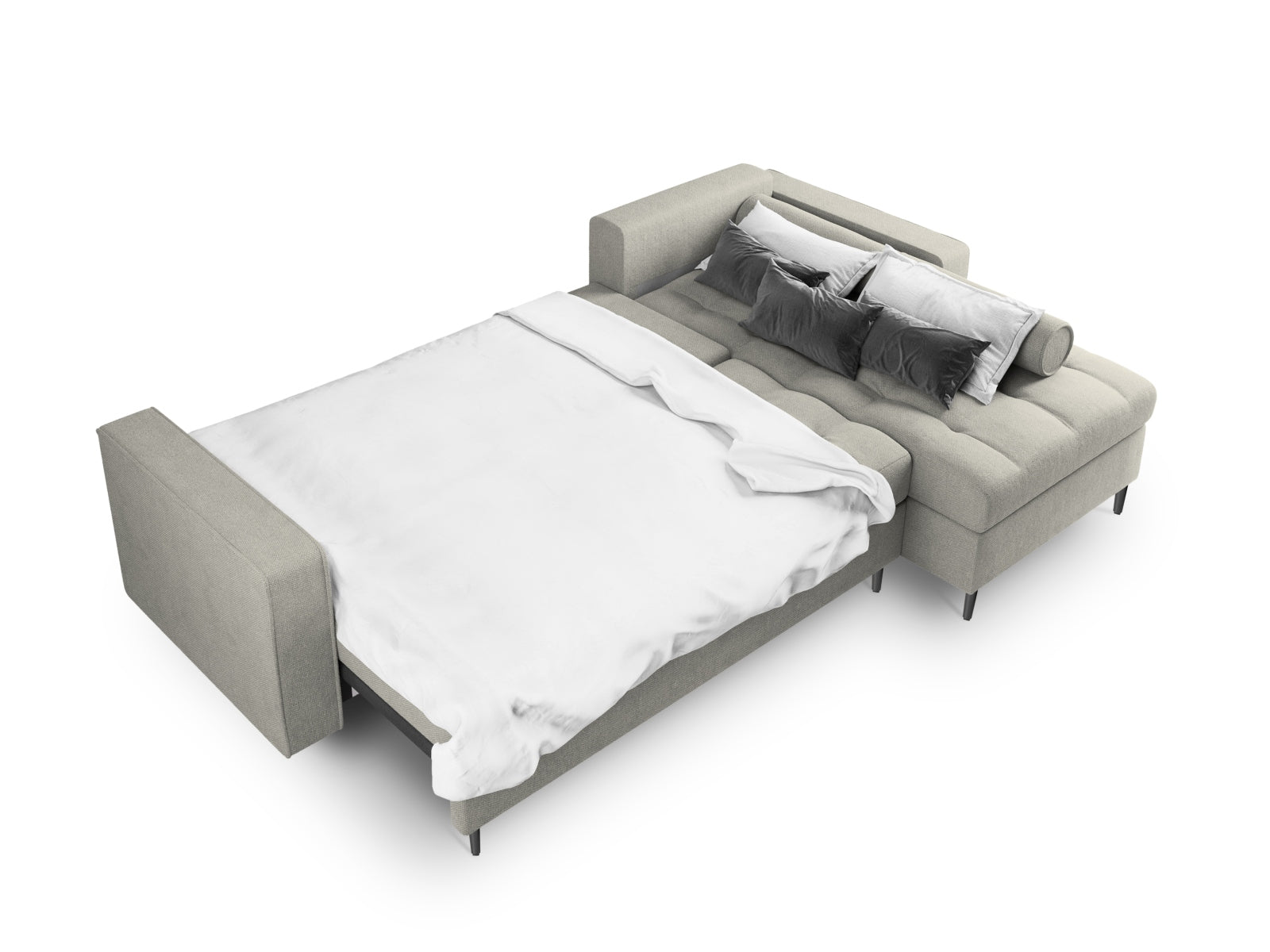 Modernes 5-Sitzer Ecksofa Aspen in elegantem Hellgrau, ideal für Wohnräume, mit Schlaffunktion und praktischem Stauraum.