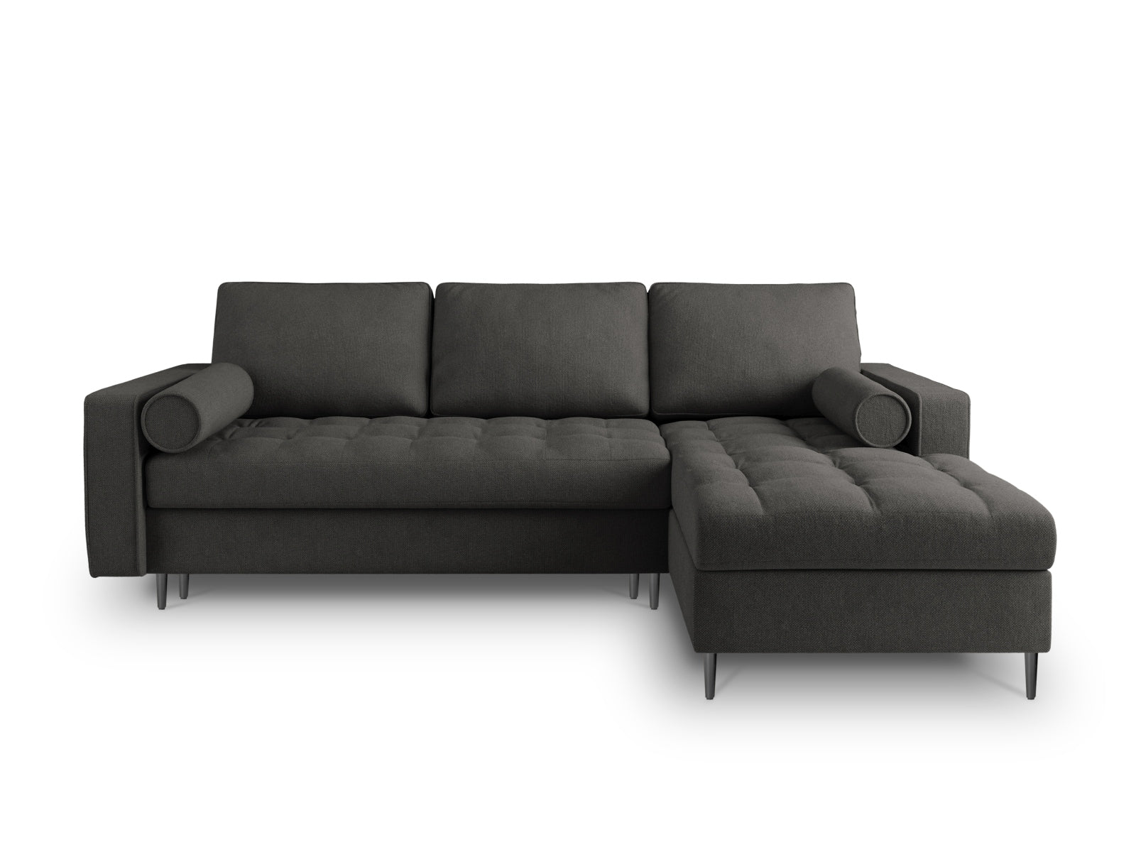 Modernes 5-Sitzer Ecksofa Aspen in Dunkelgrau, rechtsseitig, bietet eine praktische Schlaffunktion und Stauraum für zusätzlichen Komfort.