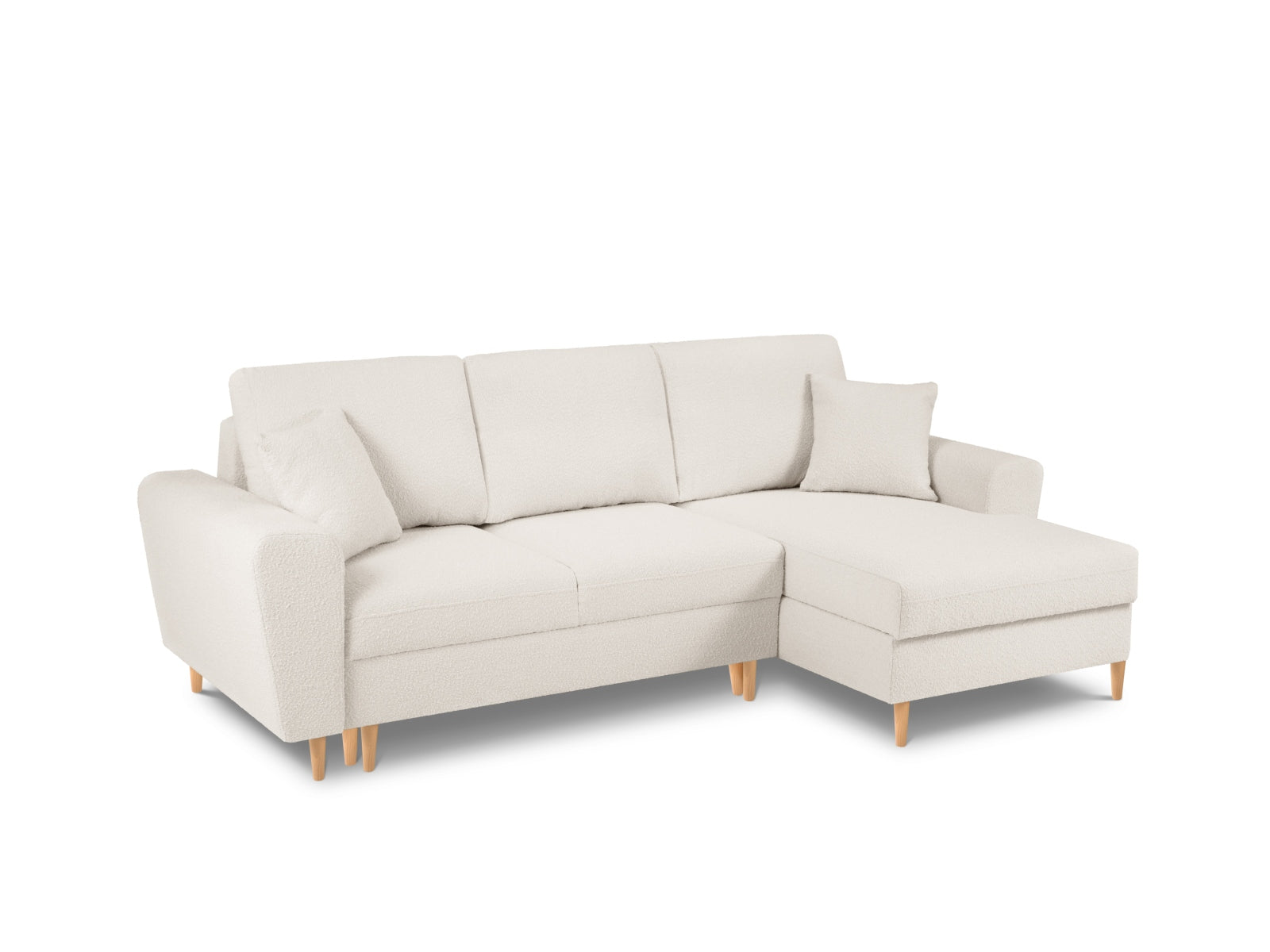 Elegantes Kyoto Boucle Ecksofa in Beige, rechtsseitig, mit Schlaffunktion und Stauraum für 4 Personen, perfekt für moderne Wohnkonzepte.