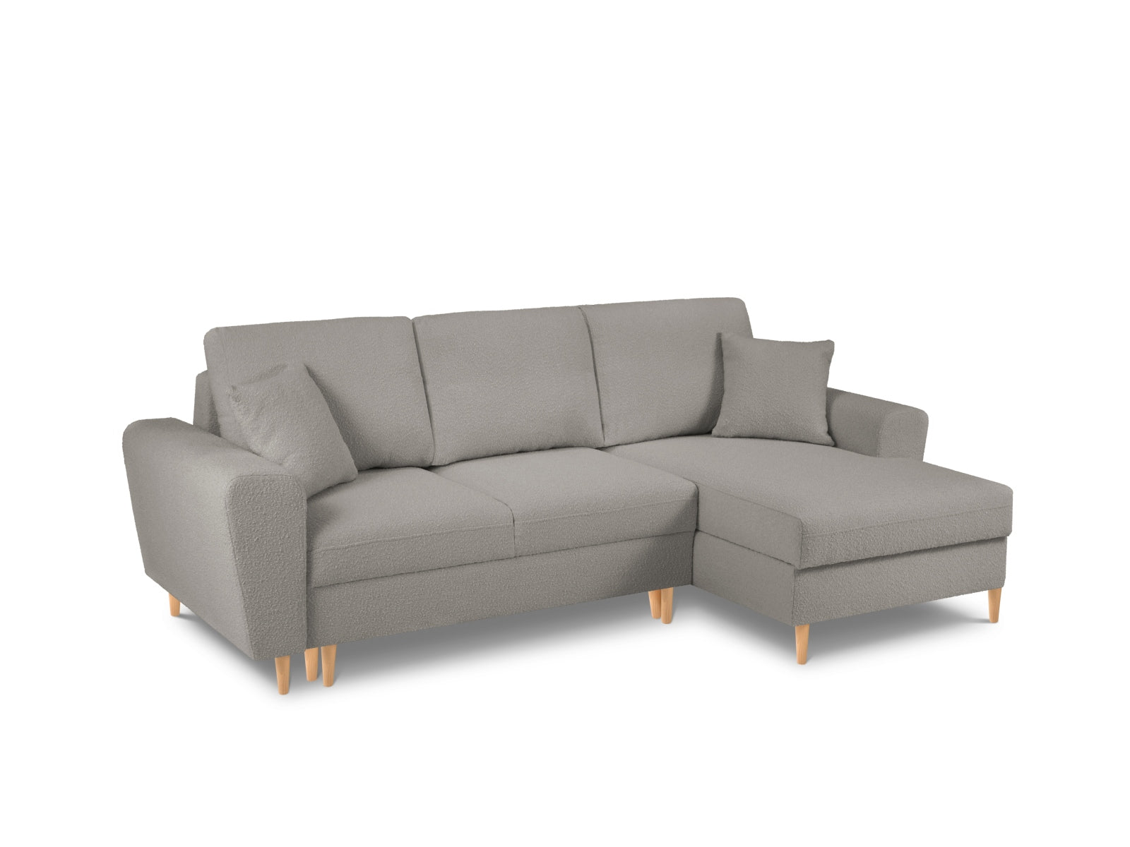 Elegantes Kyoto Boucle Ecksofa in Grau, rechtsseitig, mit praktischer Schlaffunktion und Stauraum für zusätzlichen Komfort.