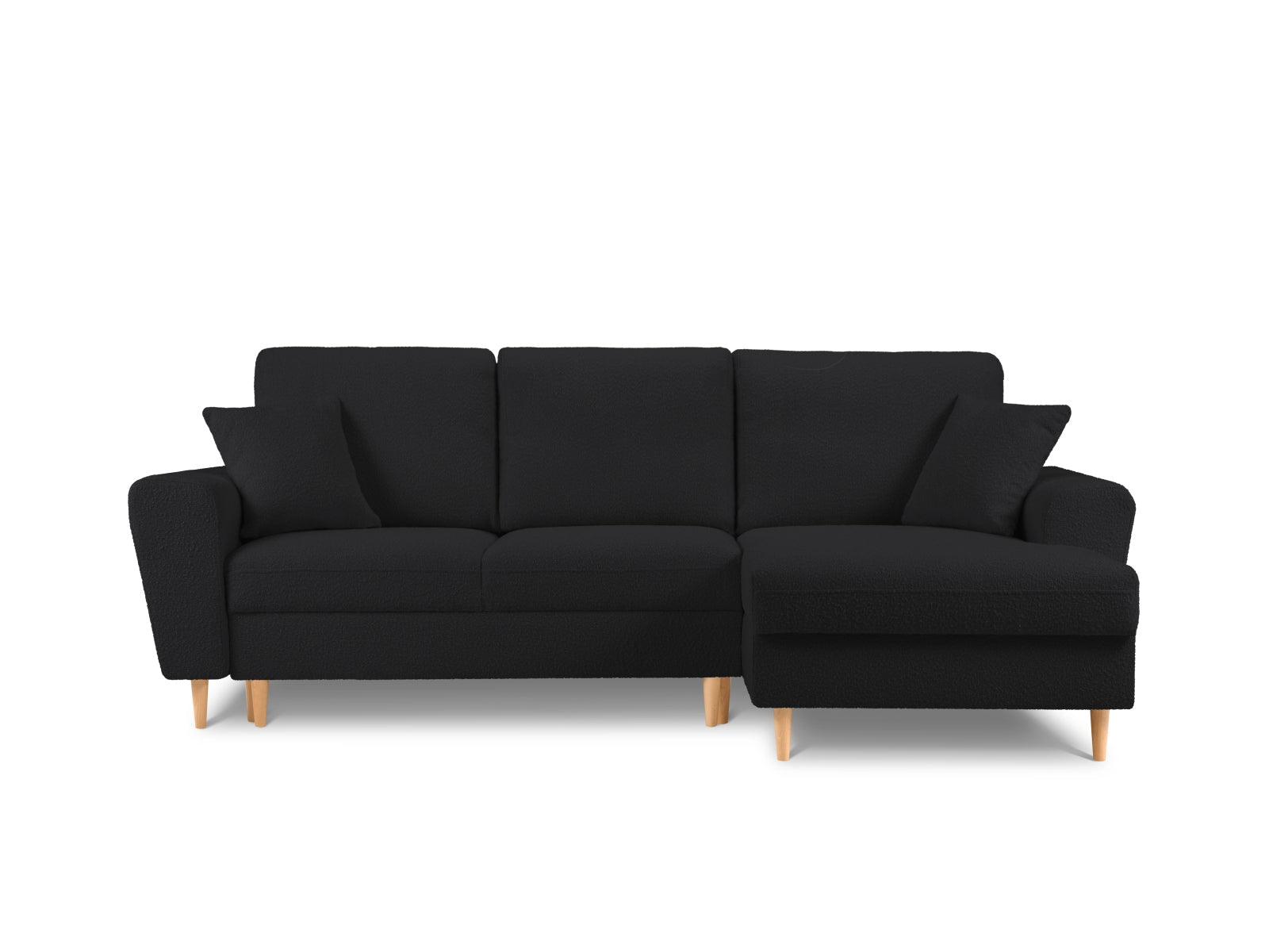 Kyoto Boucle Ecksofa rechts mit Schlaffunktion und Stauraumbox 4 Sitzer 145cm in Black-Ascot präsentiert im Onlineshop von KAQTU Design AG. Bettsofa rechts ist von Cosmopolitan Design