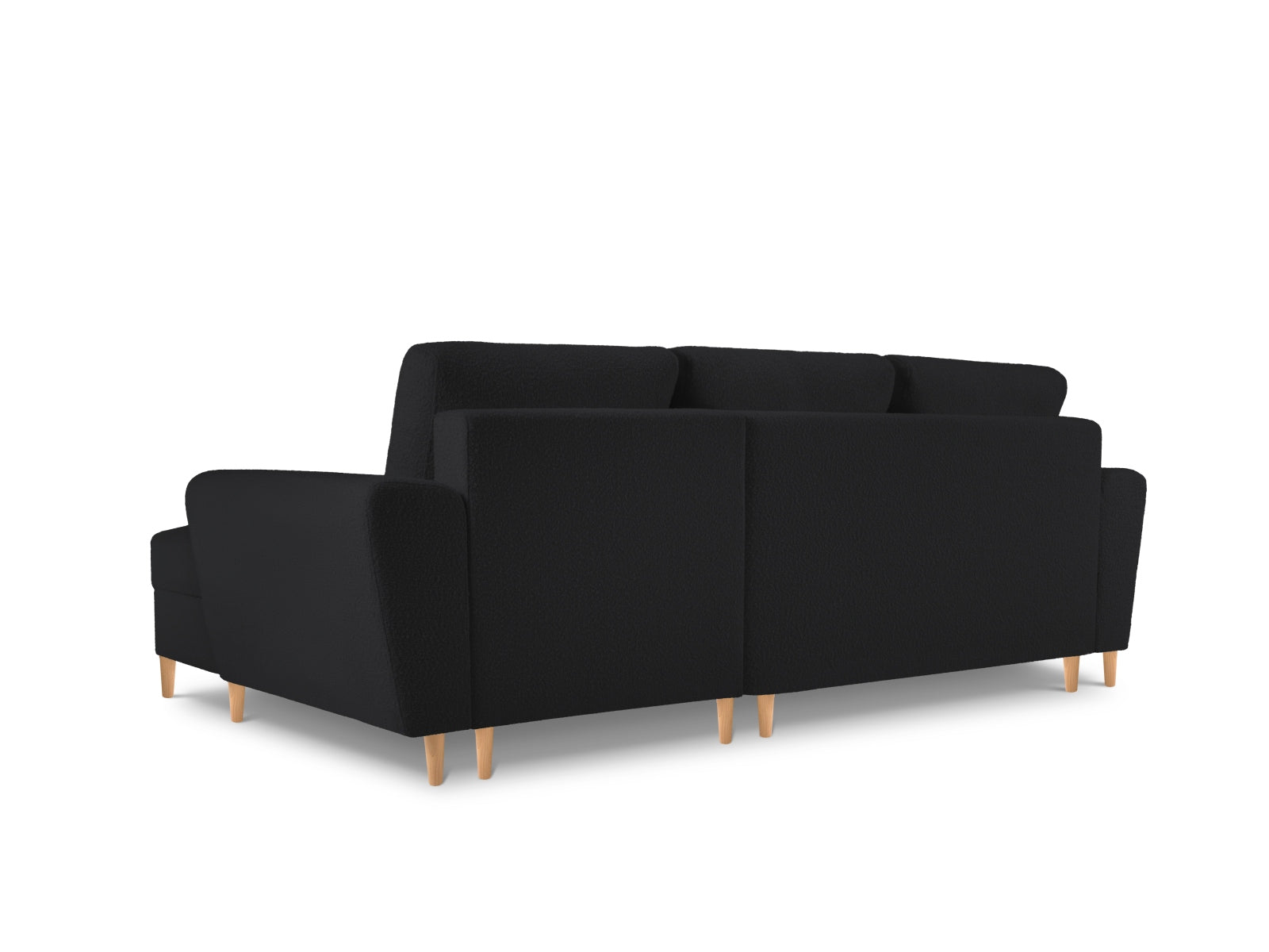 Stylisches Kyoto Boucle Ecksofa in Schwarz, 4-Sitzer mit komfortabler Schlaffunktion und integriertem Stauraum, ideal für moderne Wohnzimmer.