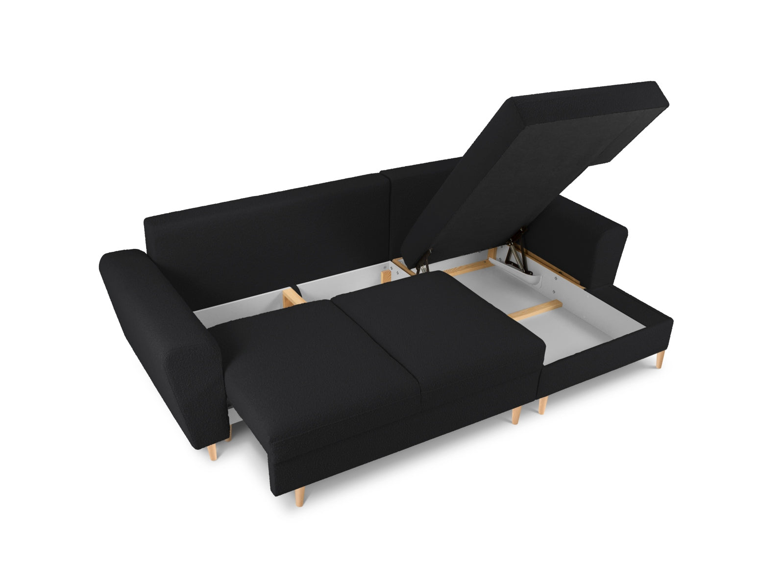 Modernes Kyoto Boucle Ecksofa in Schwarz, 4-Sitzer mit Schlaffunktion und Stauraum, ideal für gemütliche und funktionale Wohnbereiche.