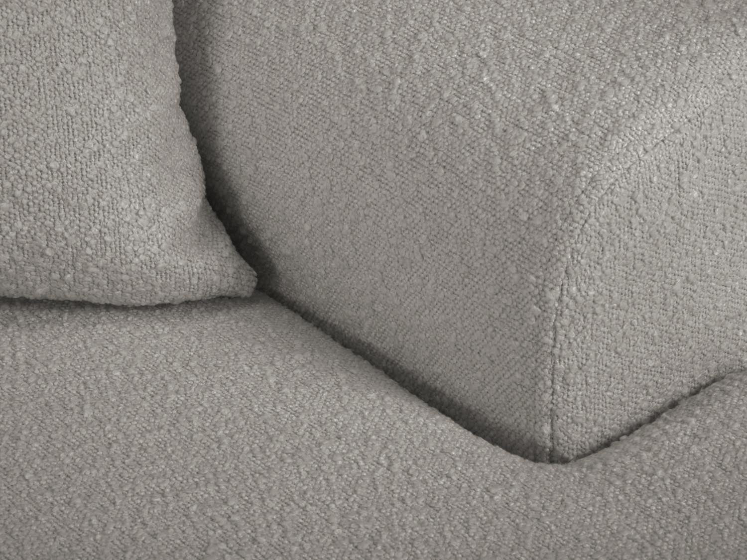 Stylisches Kyoto Boucle Ecksofa in elegantem Grau, rechtsseitig, mit praktischer Schlaffunktion und integriertem Stauraum für zusätzlichen Komfort.