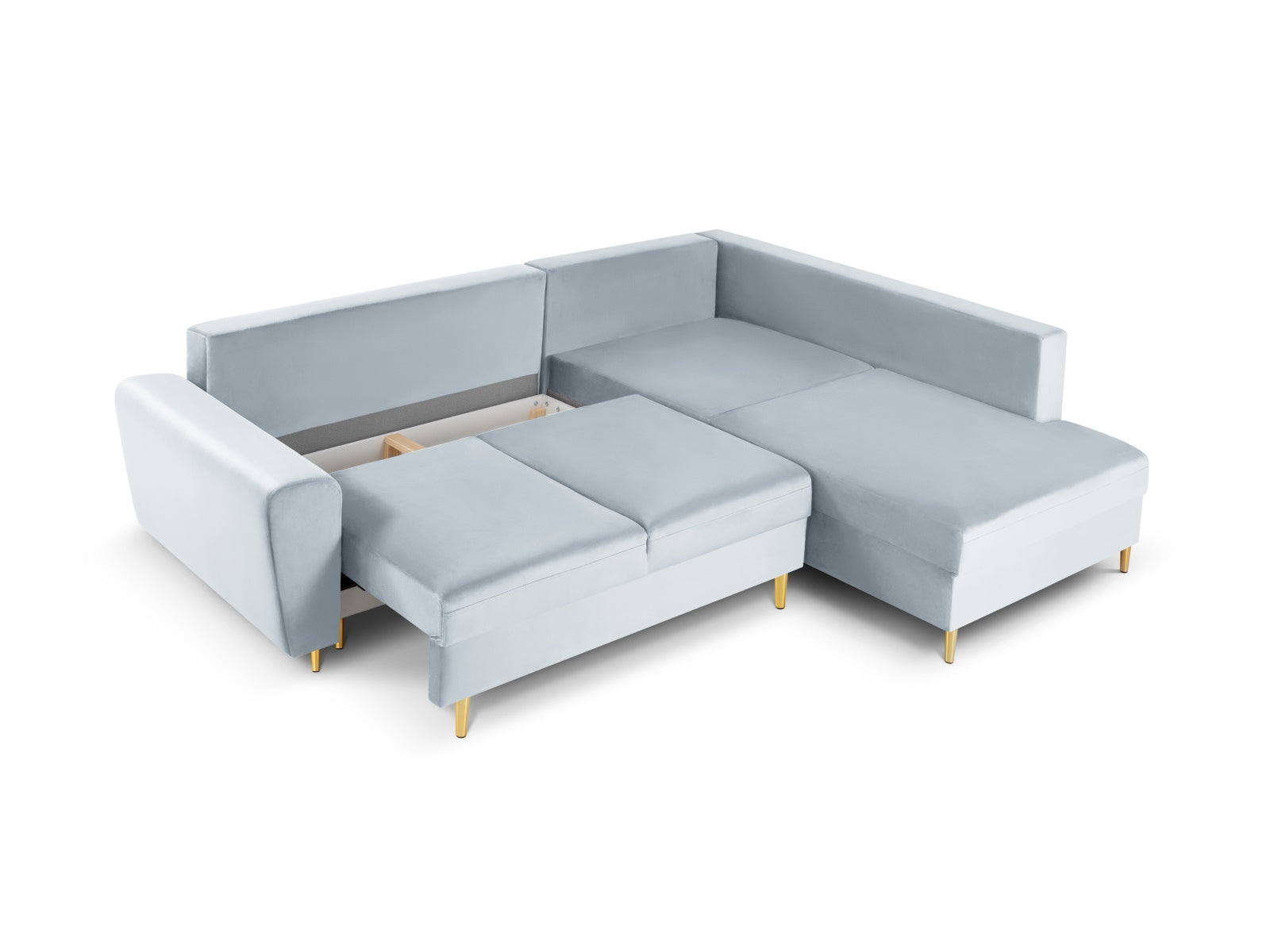 Entdecken Sie das Kyoto Velour Ecksofa rechts: stilvolles 5-Sitzer Sofa mit praktischer Schlaffunktion und Stauraumbox für Ihr Zuhause!