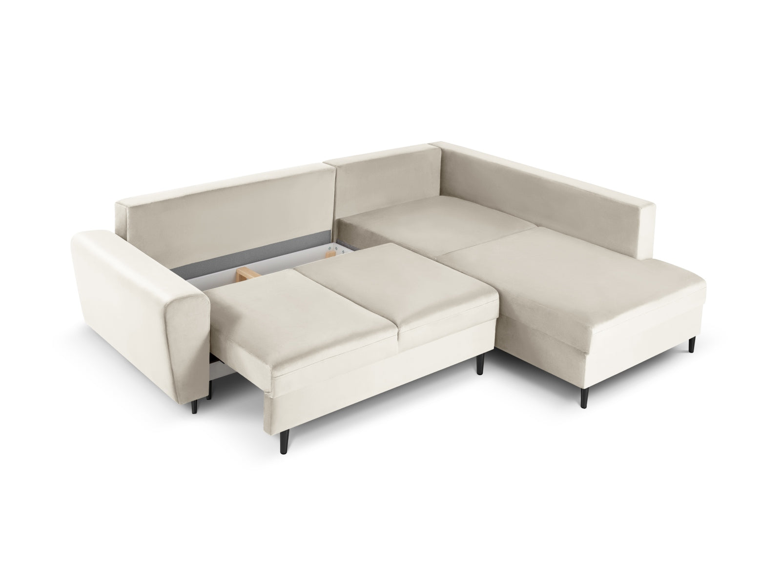Entdecken Sie das Kyoto Velour Ecksofa rechts: stilvolles 5-Sitzer Sofa mit praktischer Schlaffunktion und Stauraumbox für Ihr Zuhause!