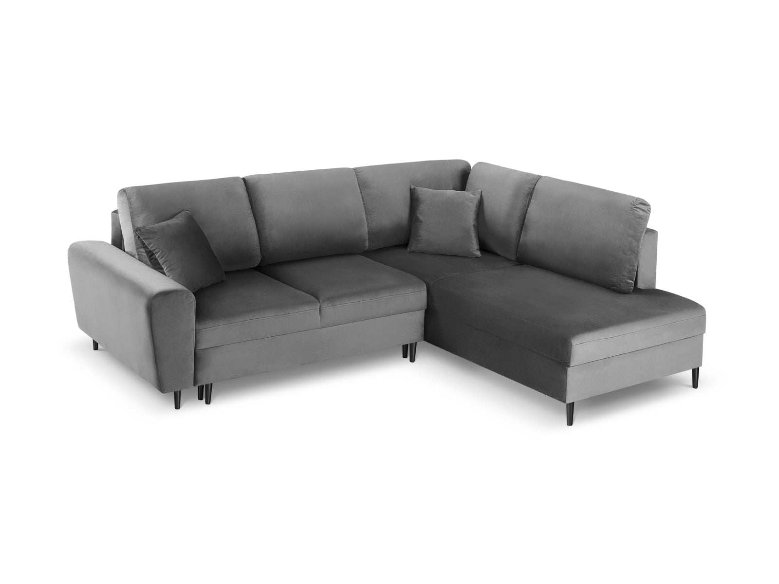 Entdecken Sie das Kyoto Velour Ecksofa rechts: stilvolles 5-Sitzer Sofa mit praktischer Schlaffunktion und Stauraumbox für Ihr Zuhause!