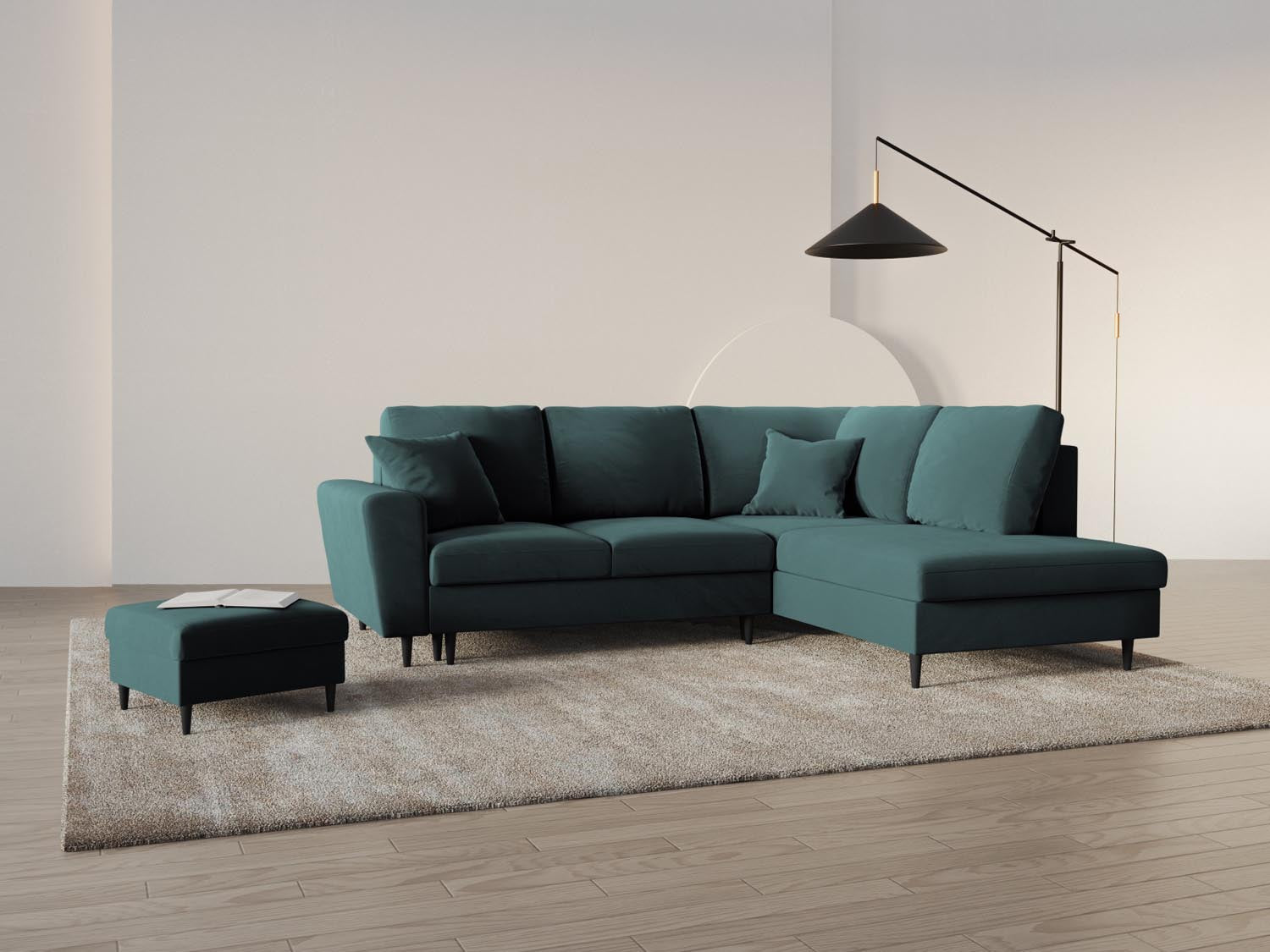 Entdecken Sie das Kyoto Velour Ecksofa rechts: stilvolles 5-Sitzer Sofa mit praktischer Schlaffunktion und Stauraumbox für Ihr Zuhause!