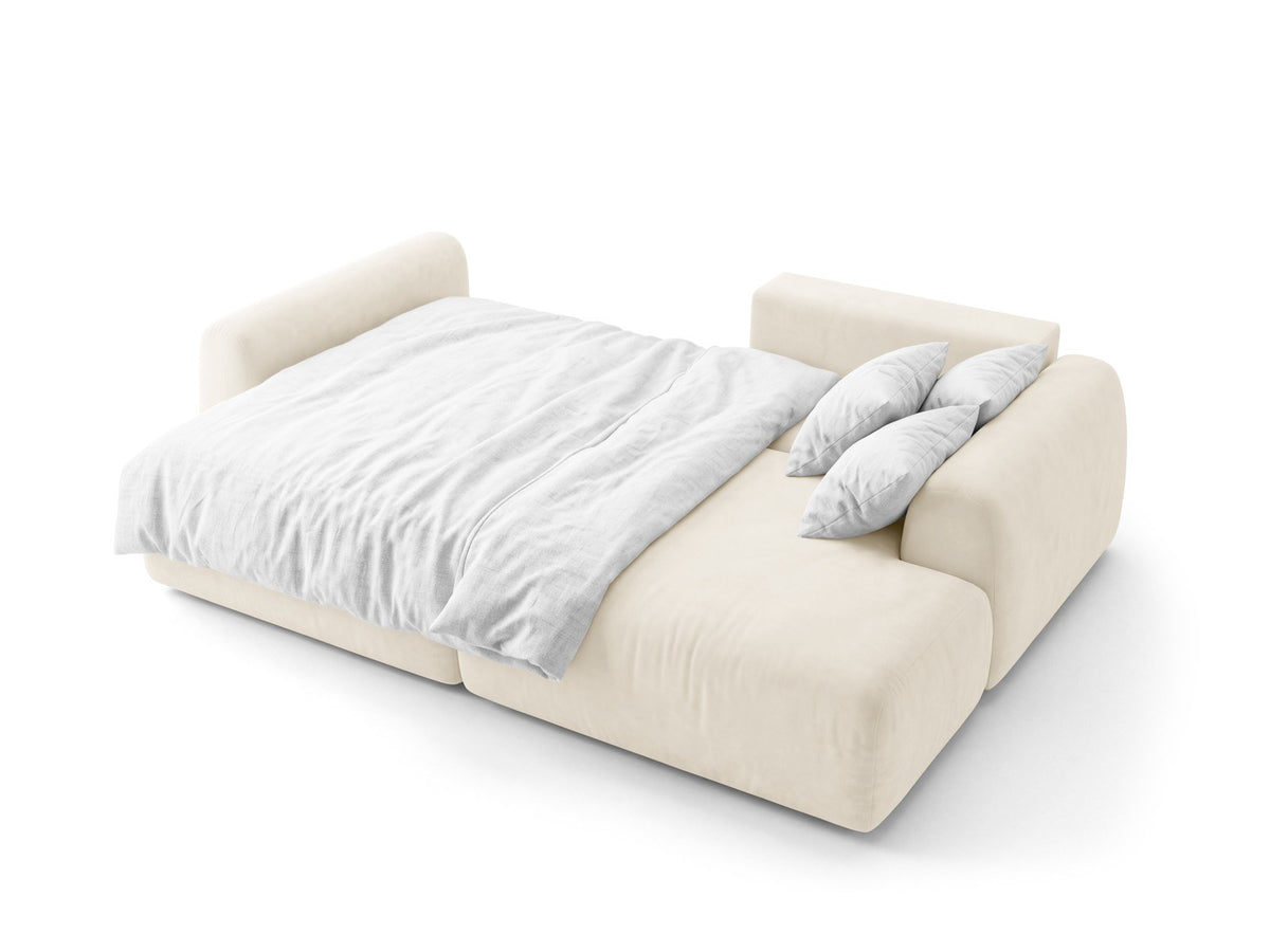 Milan Bettsofa rechts als Ecksofa mit Récamière, Bluvel-Bezug und schwarzen Kunststoffbeinen