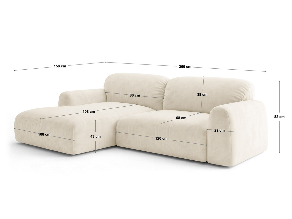 Milan Bettsofa rechts als Ecksofa mit Récamière, Bluvel-Bezug und schwarzen Kunststoffbeinen