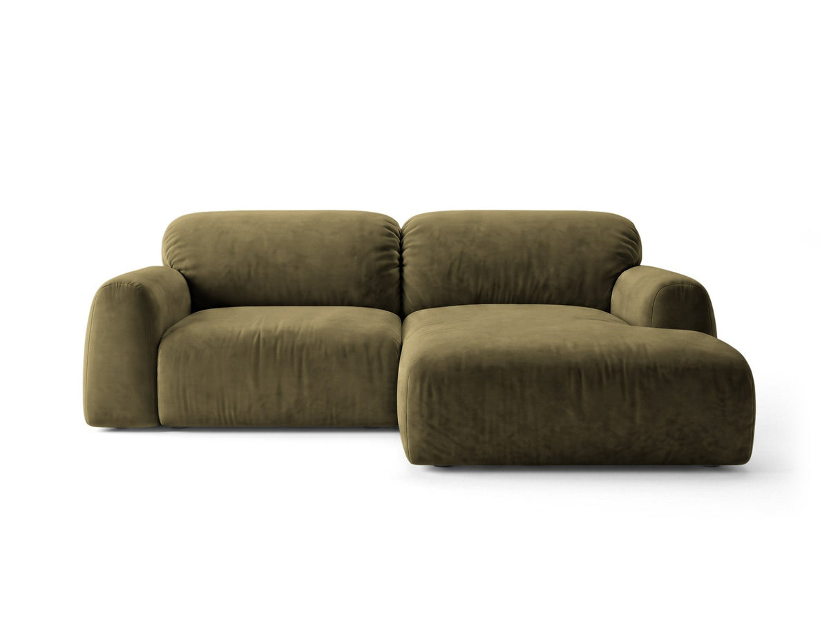 Milan Bettsofa rechts als Ecksofa mit Récamière, Bluvel-Bezug und schwarzen Kunststoffbeinen