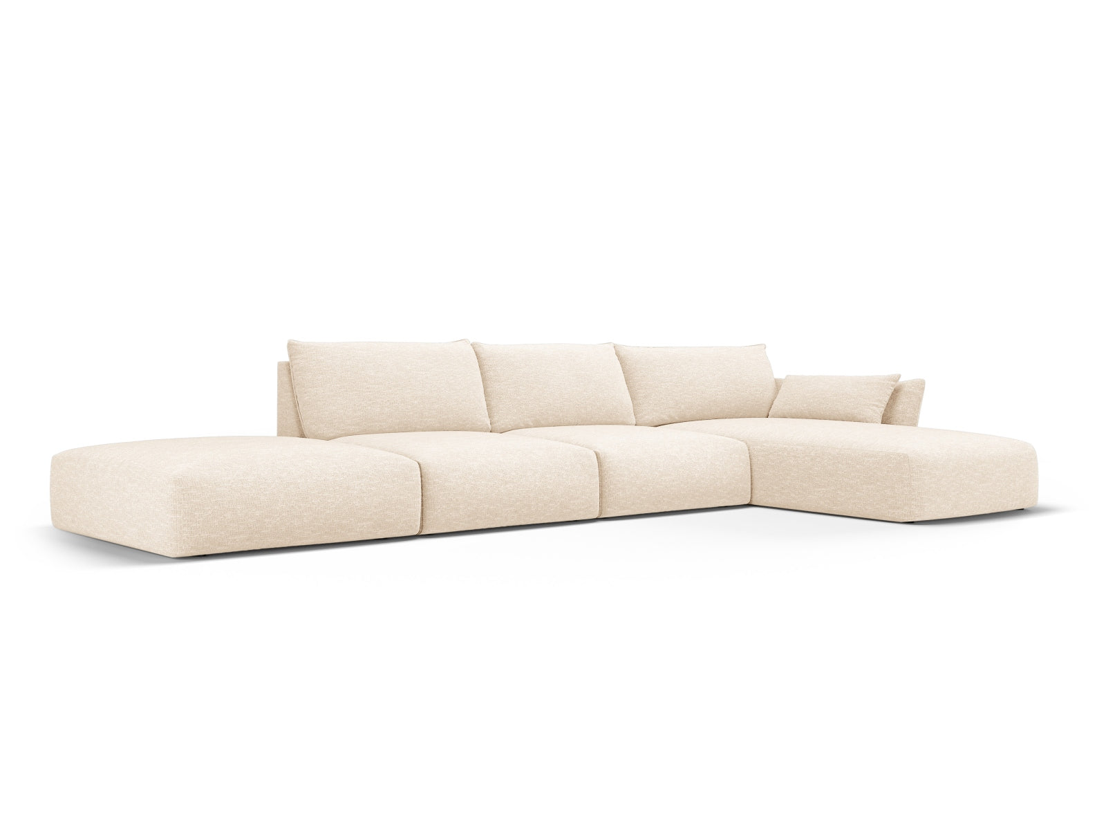 Elegantes 5-Sitzer Ecksofa rechts Matera in sanftem Beige, ideal für stilvolle Wohnräume und gesellige Stunden, erhältlich bei Cosmopolitan Design.