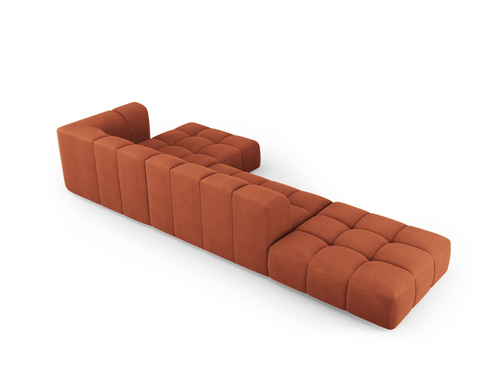 Elegantes 5-Sitzer Ecksofa Moritz in warmem Orange, perfekt für stilvolle Wohnzimmer. Hochwertige Materialien von Cosmopolitan Design.