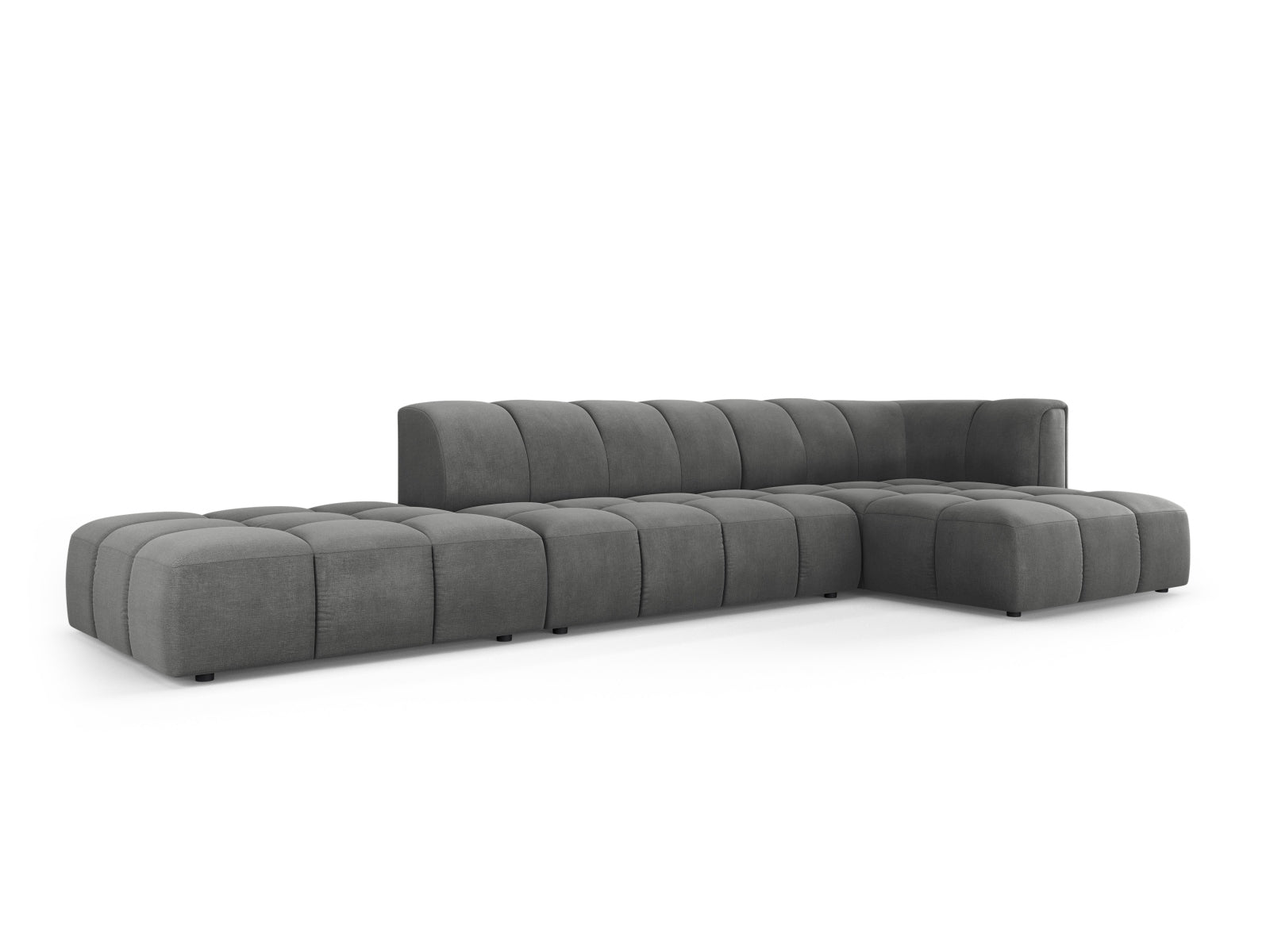 Modernes 5-Sitzer Ecksofa Moritz in Dunkelgrau, ideal für stilvolle Wohnzimmer. Komfortabel und elegant, perfekt für entspannte Abende.