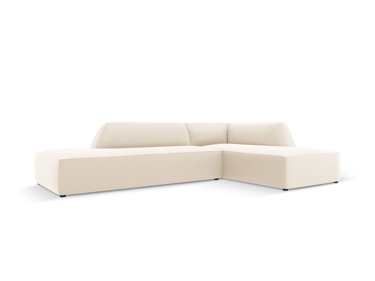 Modulares Ecksofa rechts Siena in Light Beige-Pacifico mit lederähnlichem Bezug, schwarzen Kunststoffbeinen und Récamiere, 4-Sitzer.