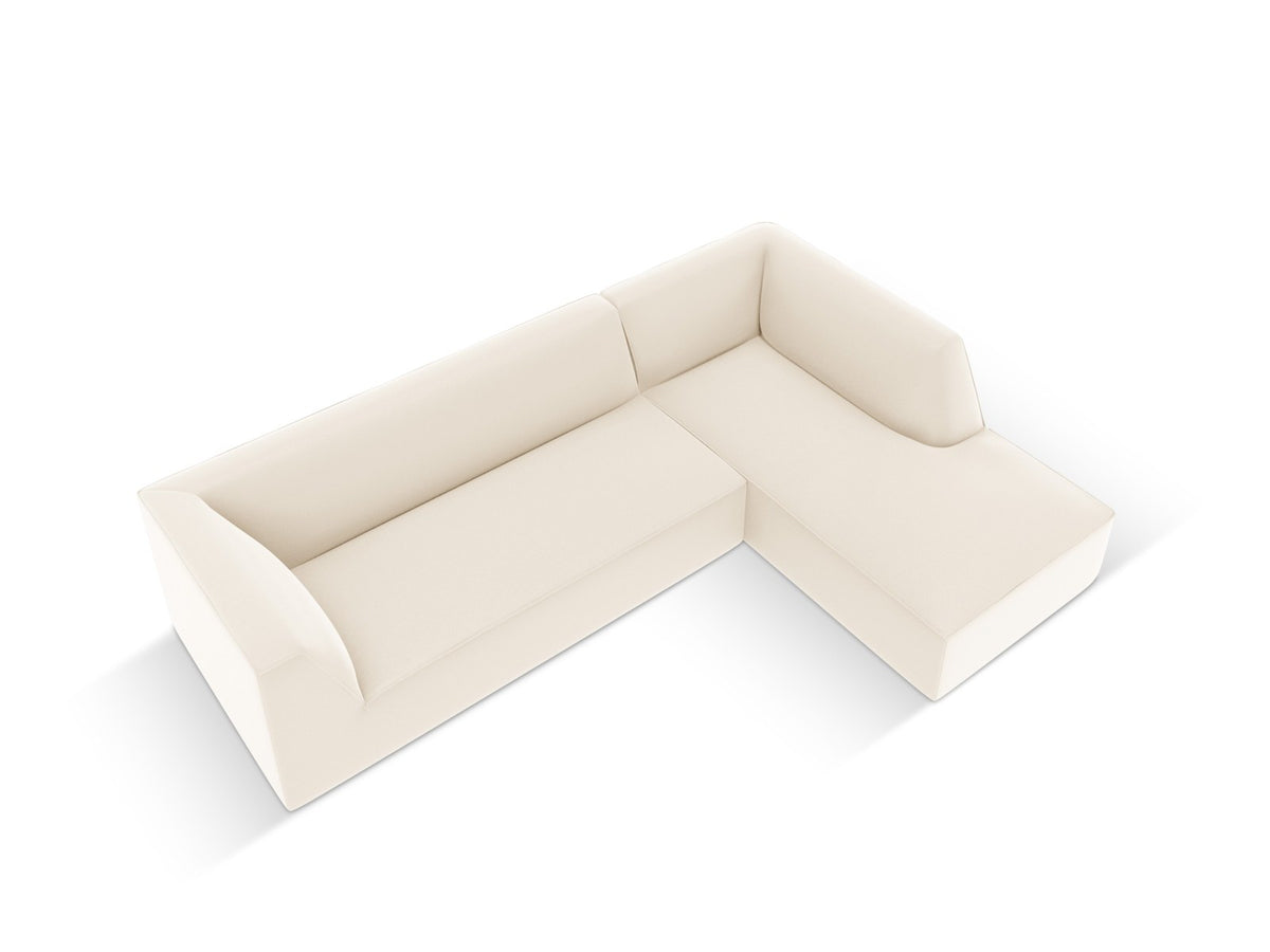 Modulares Ecksofa rechts Siena in Light Beige-Pacifico mit lederähnlichem Bezug, schwarzen Kunststoffbeinen und Récamiere, 4-Sitzer.