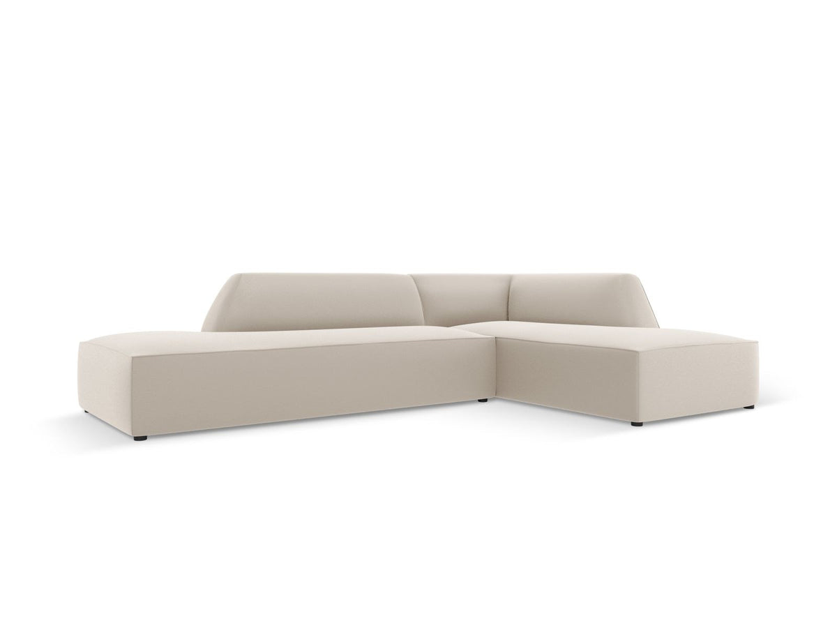Modulares Ecksofa rechts Siena in Light Beige-Pacifico mit lederähnlichem Bezug, schwarzen Kunststoffbeinen und Récamiere, 4-Sitzer.