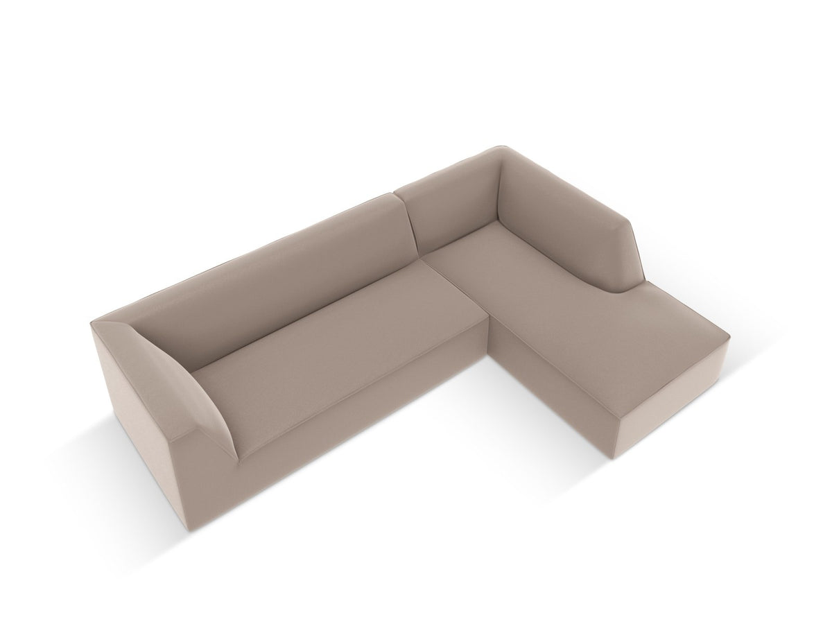 Modulares Ecksofa rechts Siena in Light Beige-Pacifico mit lederähnlichem Bezug, schwarzen Kunststoffbeinen und Récamiere, 4-Sitzer.