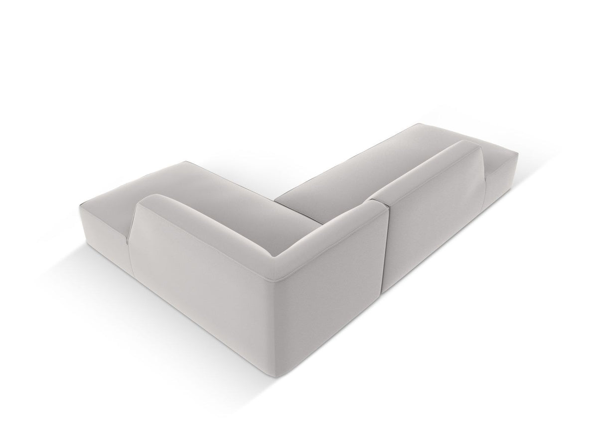 Modulares Ecksofa rechts Siena in Light Beige-Pacifico mit lederähnlichem Bezug, schwarzen Kunststoffbeinen und Récamiere, 4-Sitzer.
