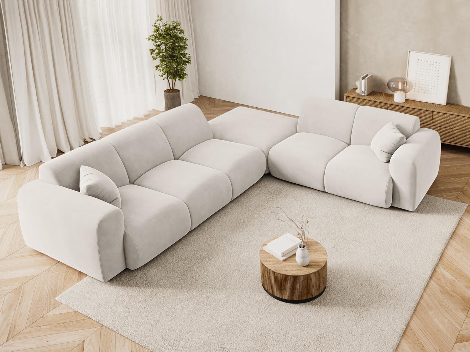 Elegantes Nolio Velour Ecksofa in Light Beige, 4-Sitzer, 250 cm, ideal für stilvolle Wohnräume, präsentiert von Cosmopolitan Design.