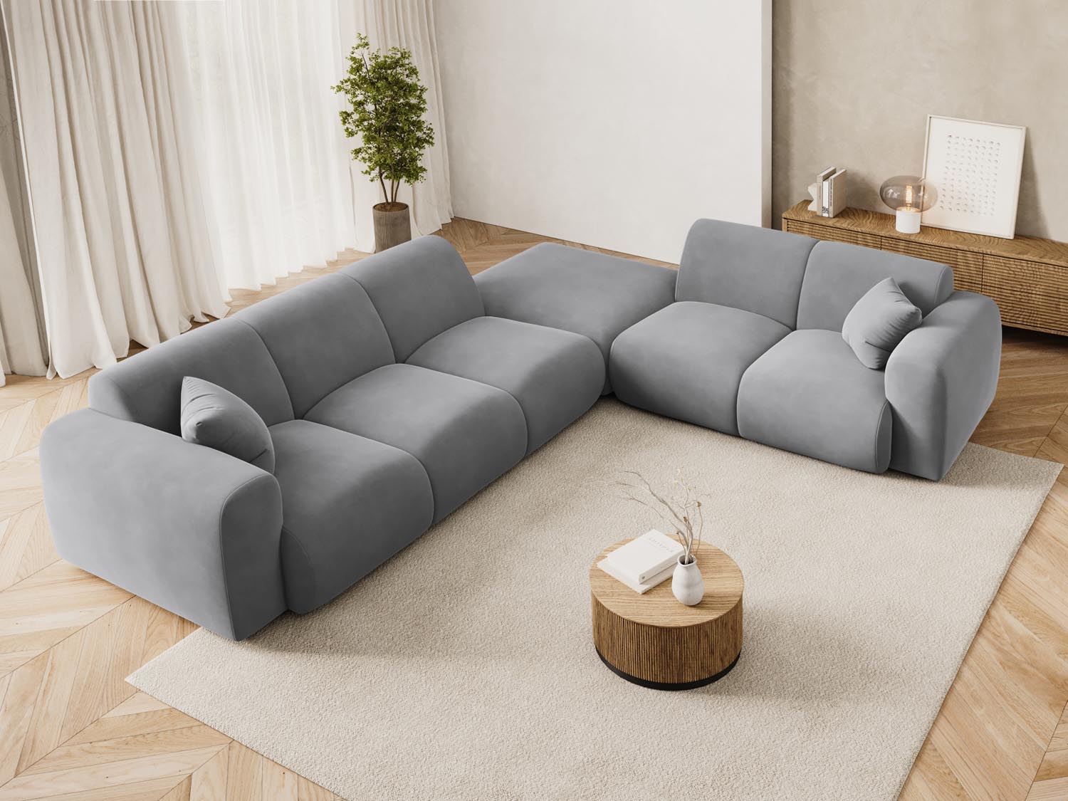 Elegantes Nolio Velour Ecksofa in Hellgrau, 4-Sitzer, 250 cm, ideal für stilvolle Wohnräume, präsentiert von Cosmopolitan Design.