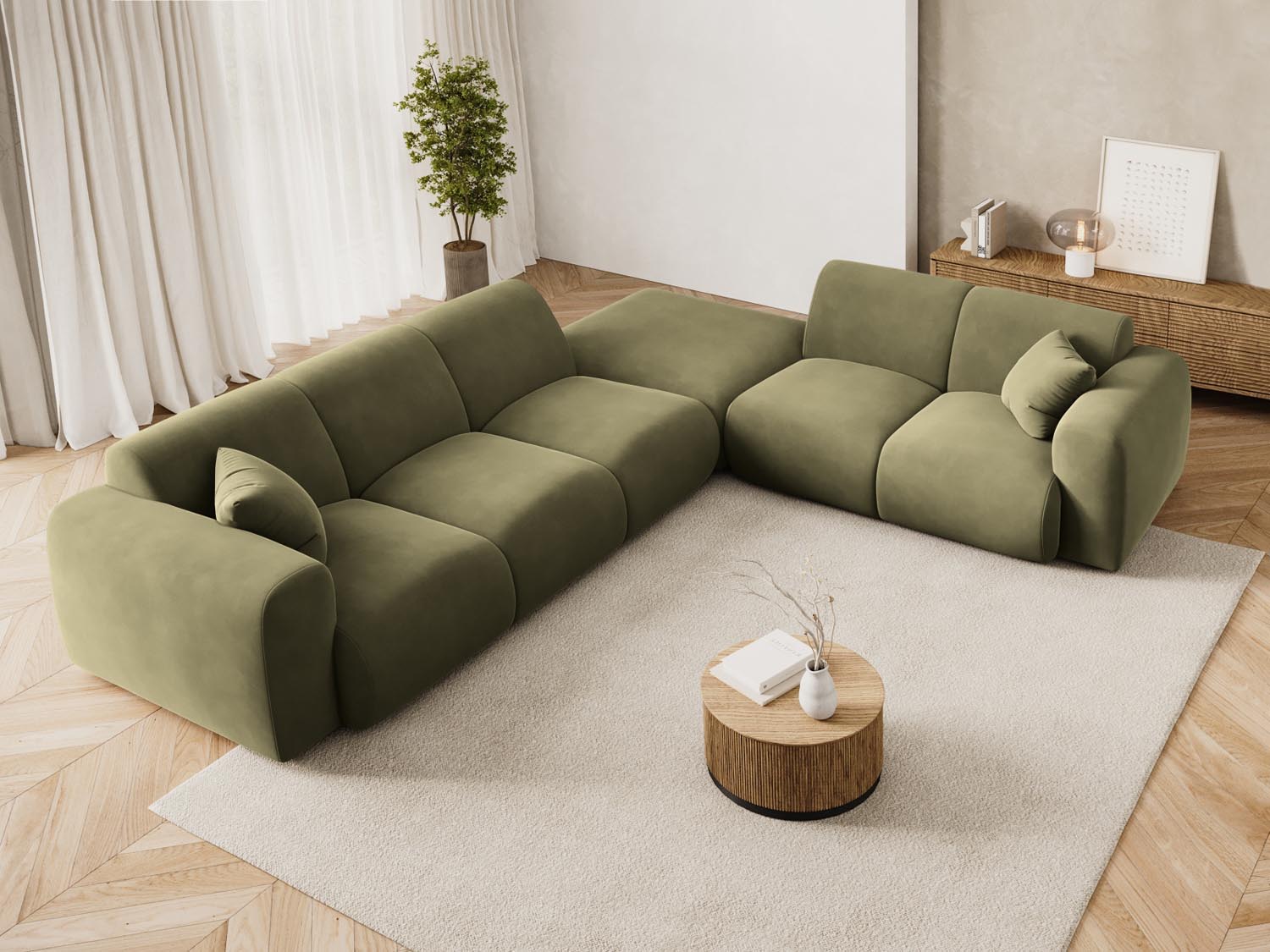 Elegantes Nolio Velour Ecksofa in sanftem Hellgrün, ideal für stilvolle Wohnräume, präsentiert als 4-Sitzer mit 250 cm Länge.