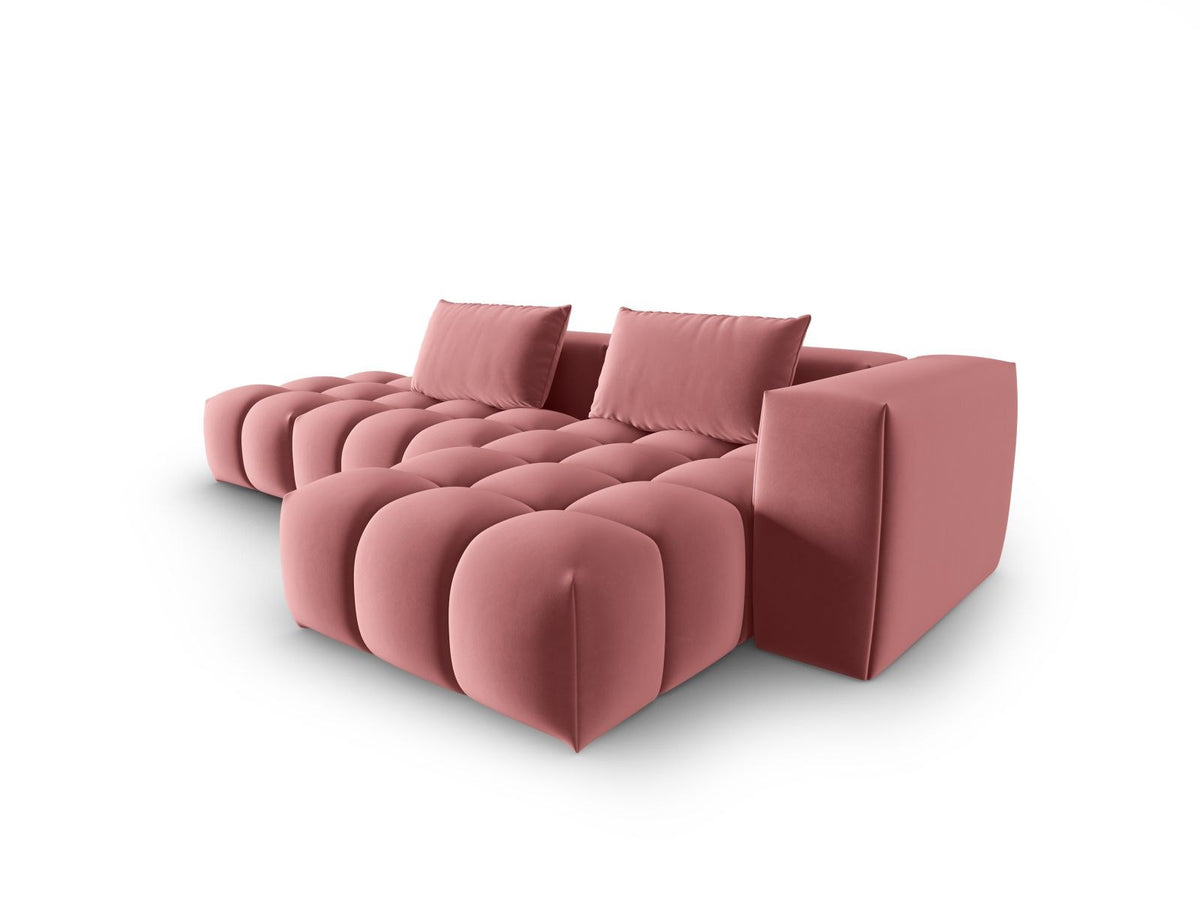 Modulares Ecksofa rechts aus Samt in Sand-Casino mit Récamiere, schwarzen Kunststoffbeinen und gepolsterter Rückenlehne.