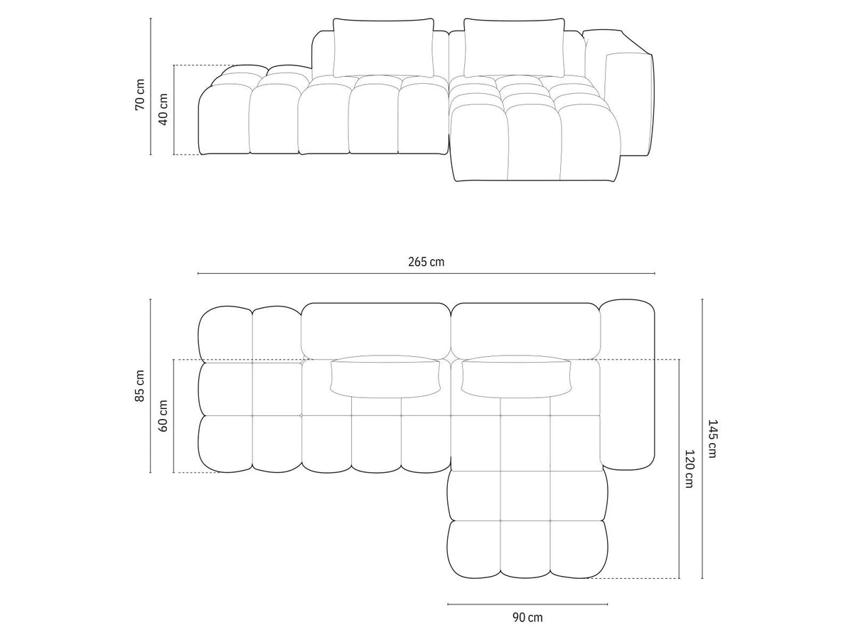 Modulares Ecksofa rechts aus Samt in Sand-Casino mit Récamiere, schwarzen Kunststoffbeinen und gepolsterter Rückenlehne.