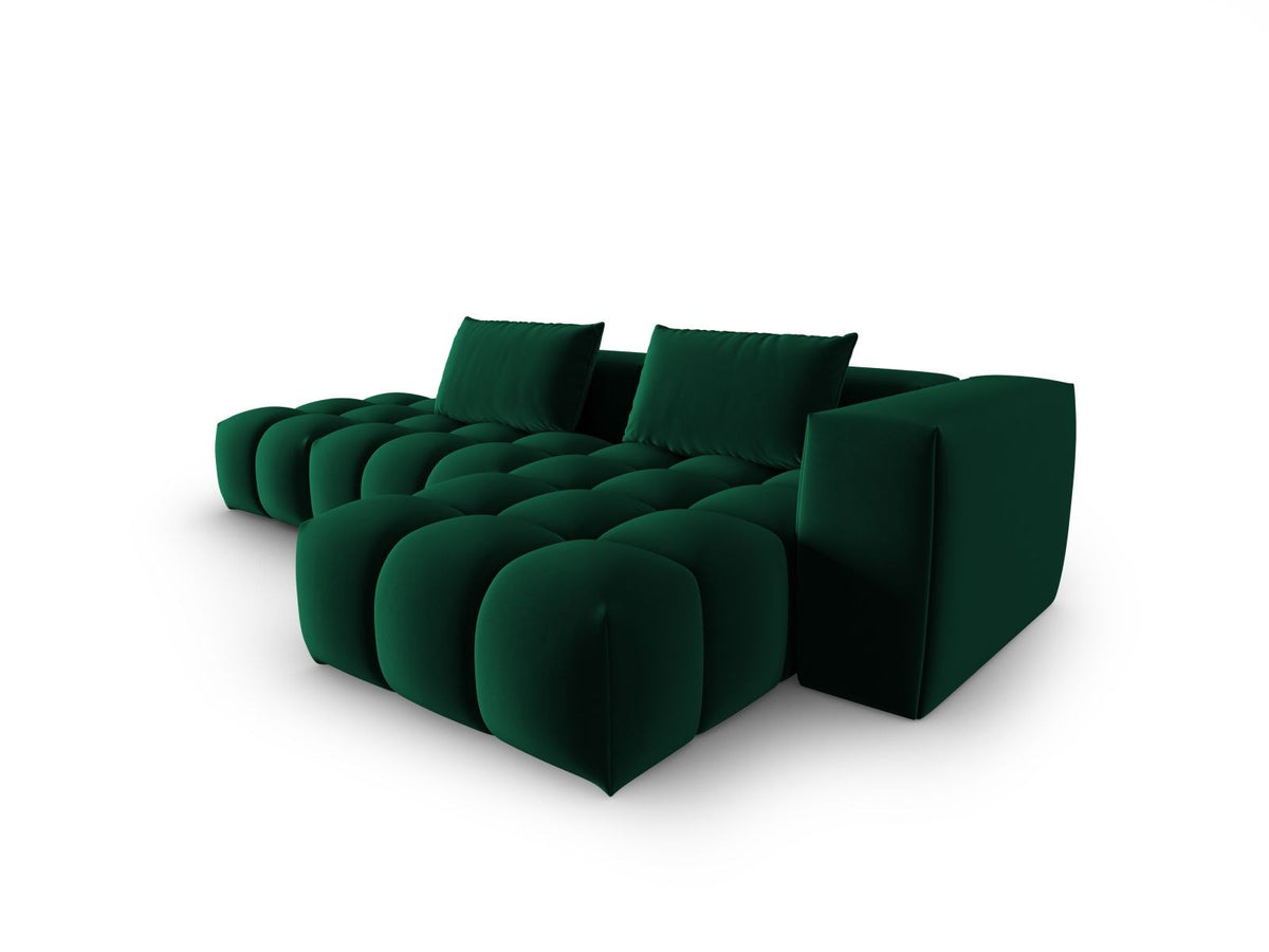 Modulares Ecksofa rechts aus Samt in Sand-Casino mit Récamiere, schwarzen Kunststoffbeinen und gepolsterter Rückenlehne.