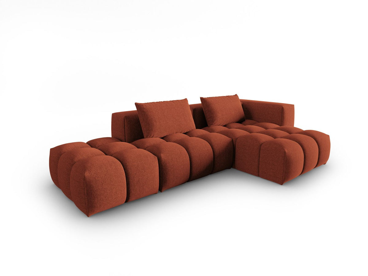 Modulares Ecksofa Verona in Beige-Sorella mit Massivholzrahmen, schwarzen Kunststoffbeinen und strukturiertem Tweed-Stoffbezug, rechte Ausrichtung.