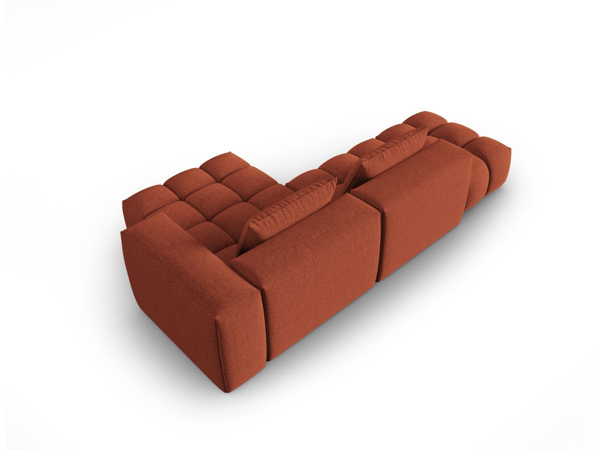 Modulares Ecksofa Verona in Beige-Sorella mit Massivholzrahmen, schwarzen Kunststoffbeinen und strukturiertem Tweed-Stoffbezug, rechte Ausrichtung.