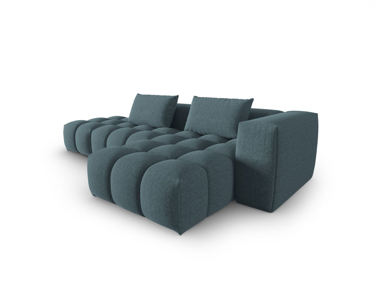 Modulares Ecksofa Verona in Beige-Sorella mit Massivholzrahmen, schwarzen Kunststoffbeinen und strukturiertem Tweed-Stoffbezug, rechte Ausrichtung.