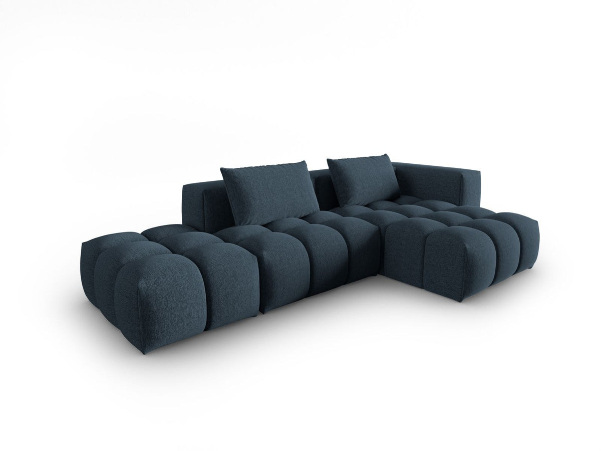 Modulares Ecksofa Verona in Beige-Sorella mit Massivholzrahmen, schwarzen Kunststoffbeinen und strukturiertem Tweed-Stoffbezug, rechte Ausrichtung.