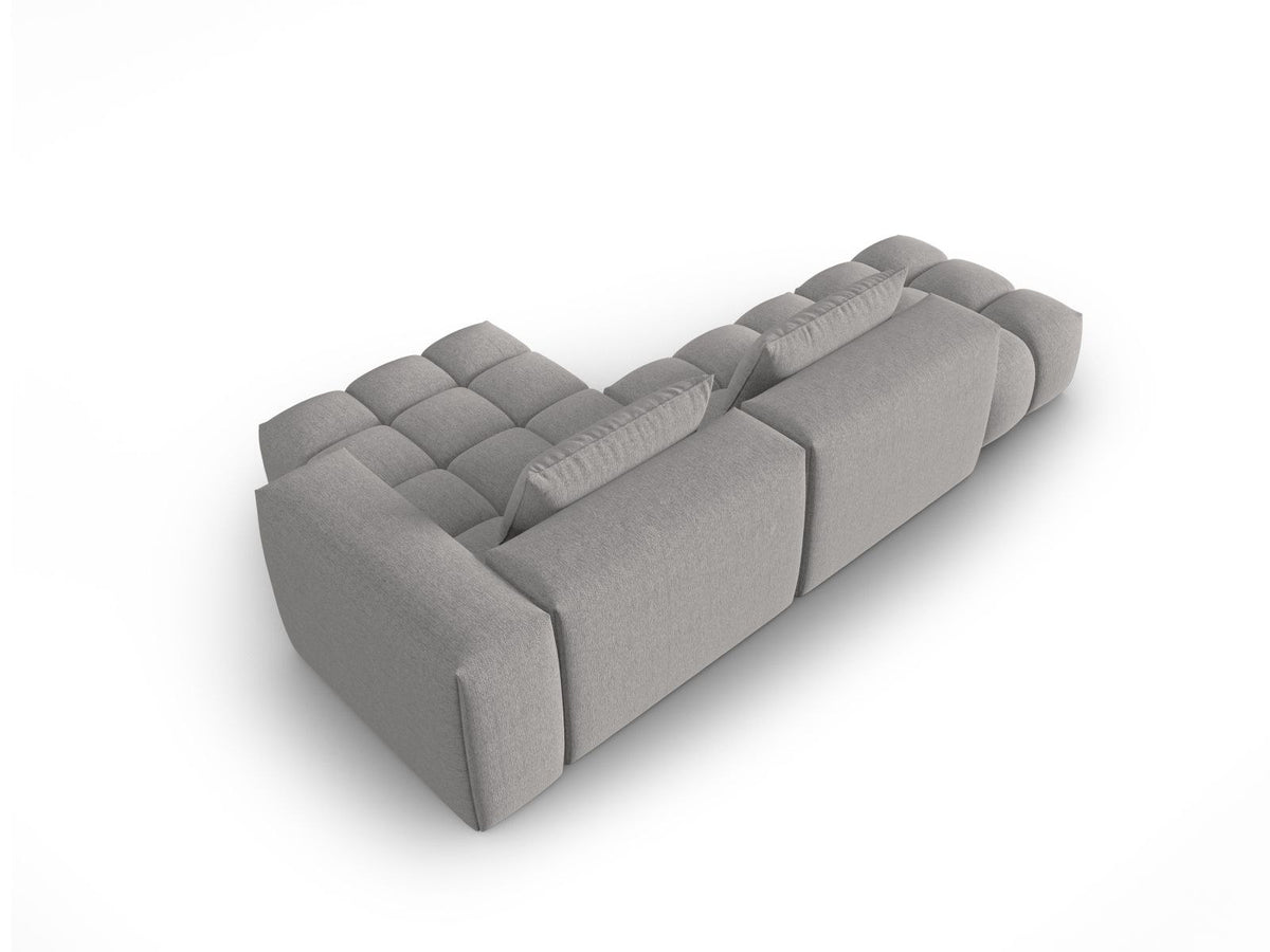Modulares Ecksofa Verona in Beige-Sorella mit Massivholzrahmen, schwarzen Kunststoffbeinen und strukturiertem Tweed-Stoffbezug, rechte Ausrichtung.