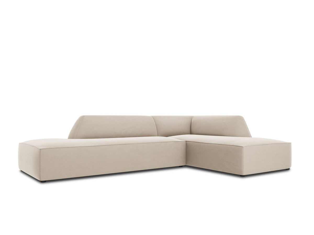 Modulares Ecksofa rechts Siena in Beige-Salvador Samtstoff mit schwarzen Kunststoffbeinen, Récamiere und Massivholzrahmen, 4-Sitzer, 180 cm.