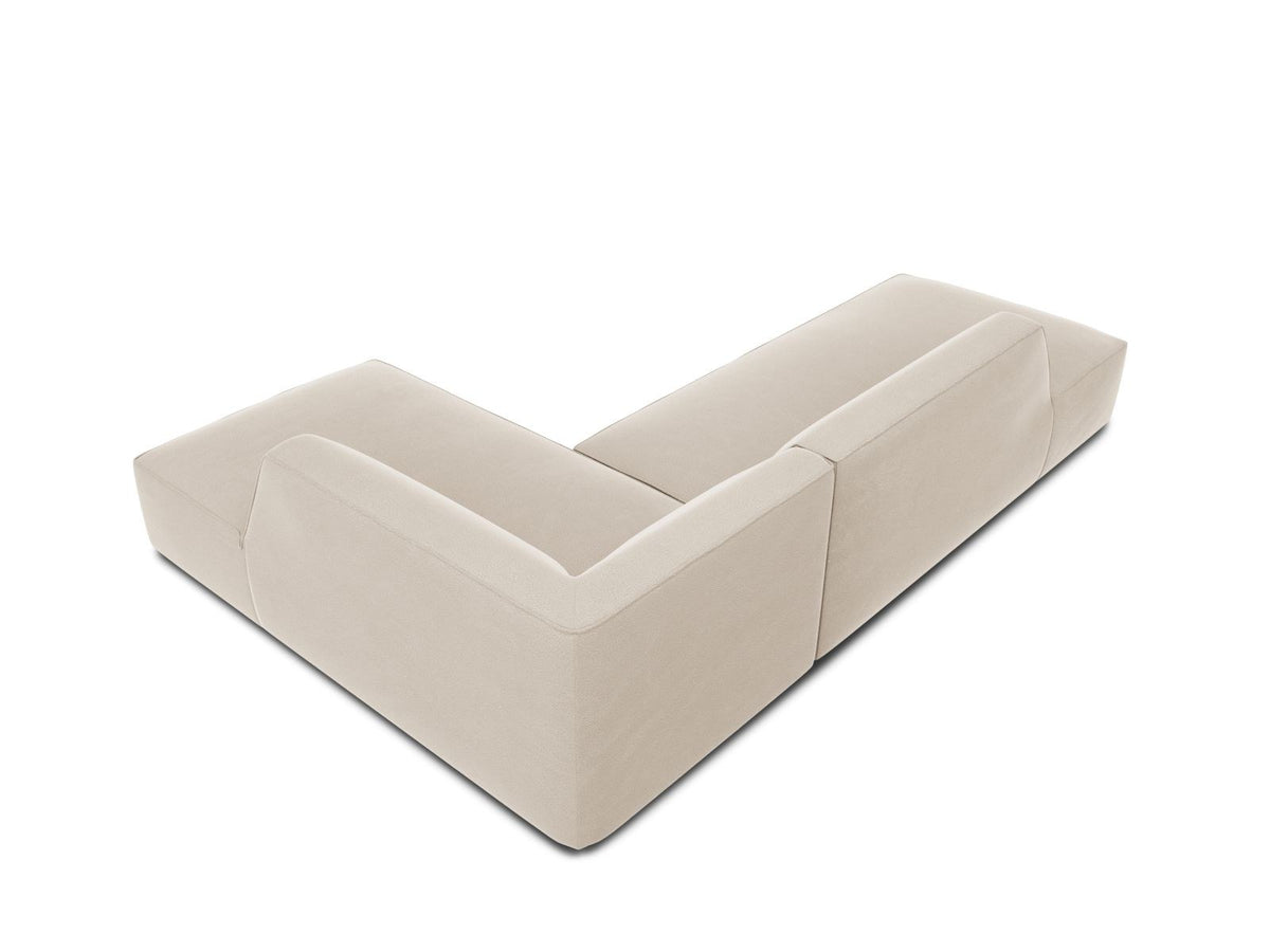 Modulares Ecksofa rechts Siena in Beige-Salvador Samtstoff mit schwarzen Kunststoffbeinen, Récamiere und Massivholzrahmen, 4-Sitzer, 180 cm.