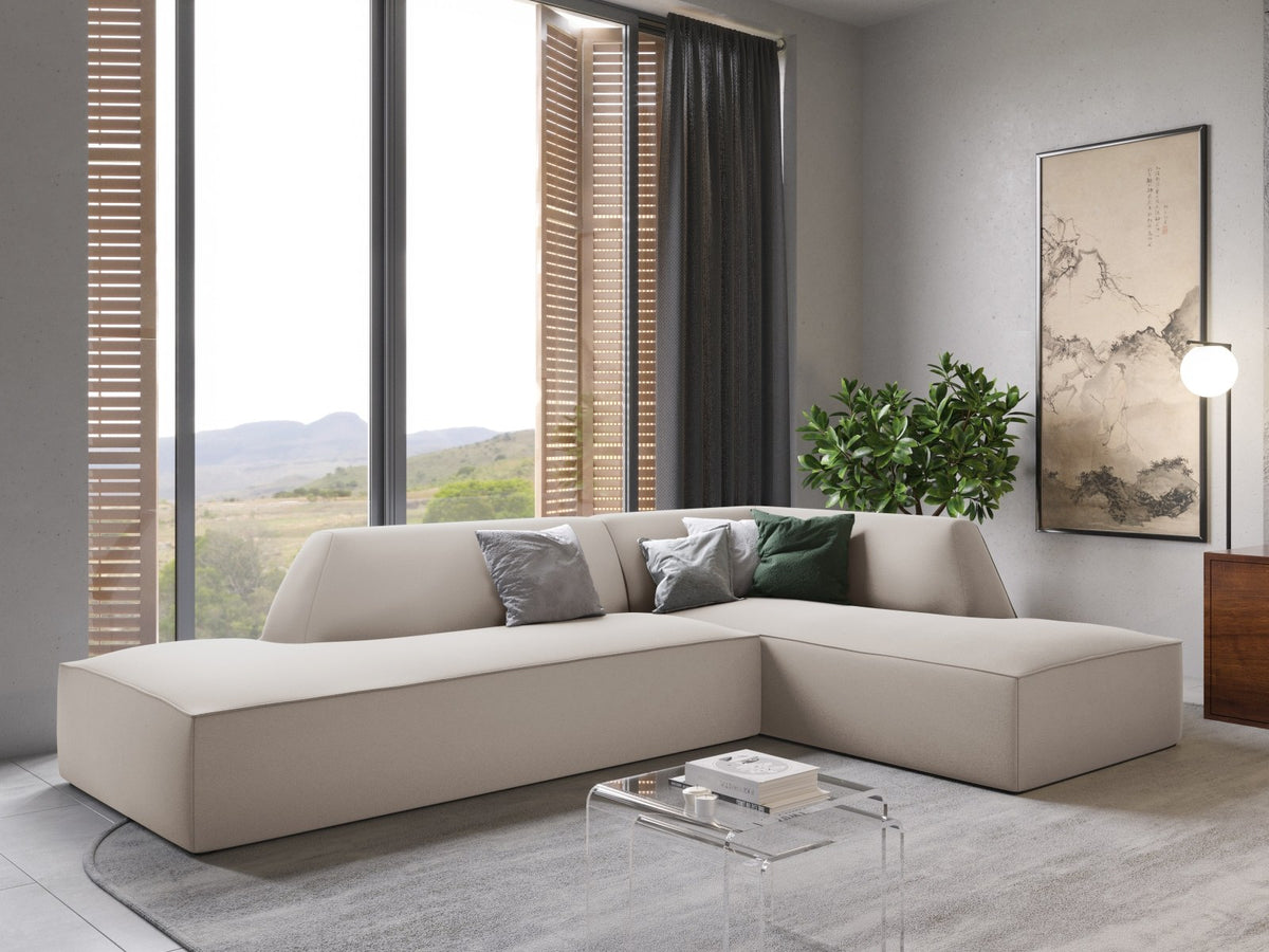 Modulares Ecksofa rechts Siena in Beige-Salvador Samtstoff mit schwarzen Kunststoffbeinen, Récamiere und Massivholzrahmen, 4-Sitzer, 180 cm.