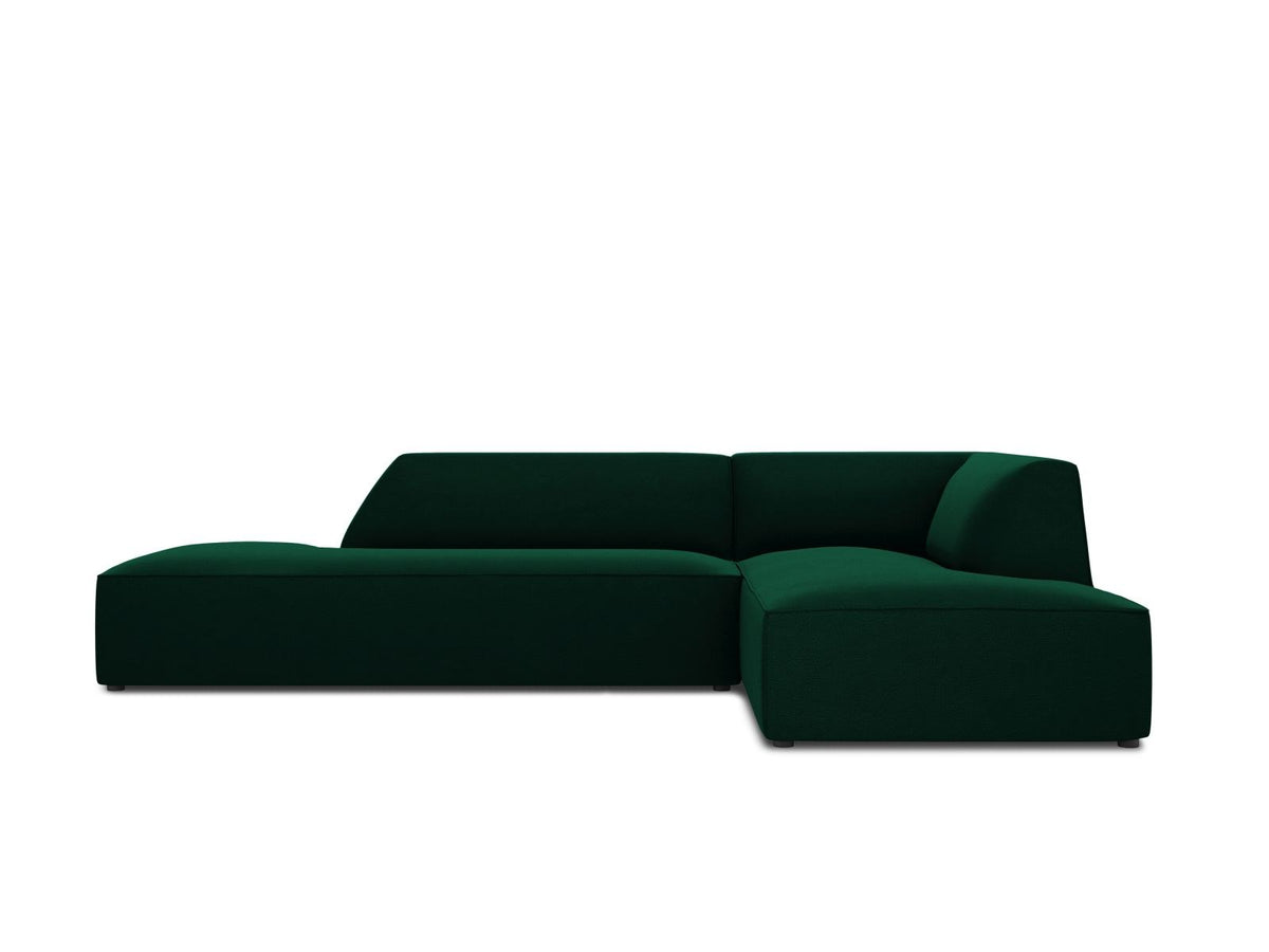 Modulares Ecksofa rechts Siena in Beige-Salvador Samtstoff mit schwarzen Kunststoffbeinen, Récamiere und Massivholzrahmen, 4-Sitzer, 180 cm.