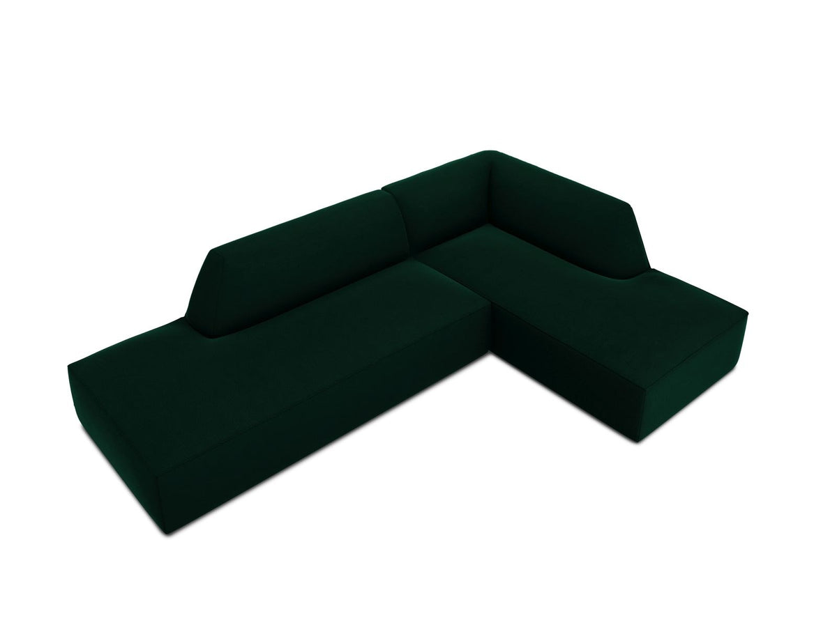 Modulares Ecksofa rechts Siena in Beige-Salvador Samtstoff mit schwarzen Kunststoffbeinen, Récamiere und Massivholzrahmen, 4-Sitzer, 180 cm.