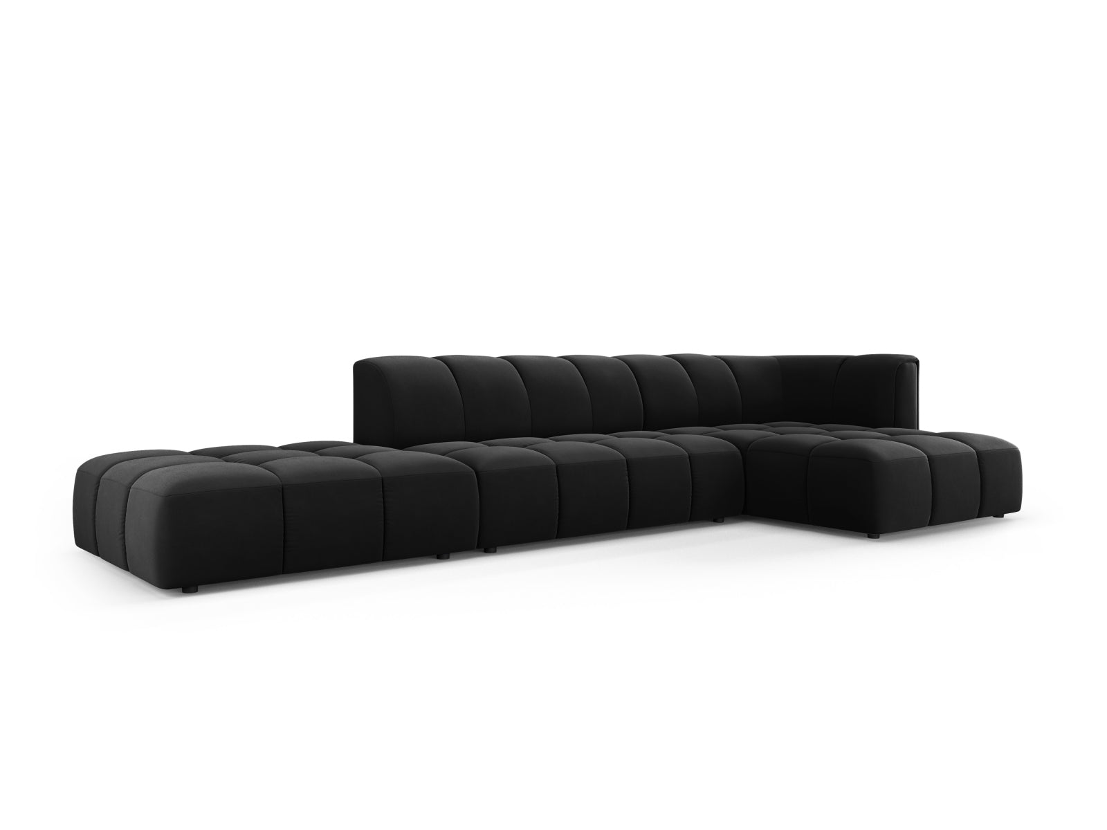 Stylisches 5-Sitzer Ecksofa Moritz in edlem Black-Bluvel, perfekt für entspannte Abende und stilvolle Einrichtung, von Cosmopolitan Design.
