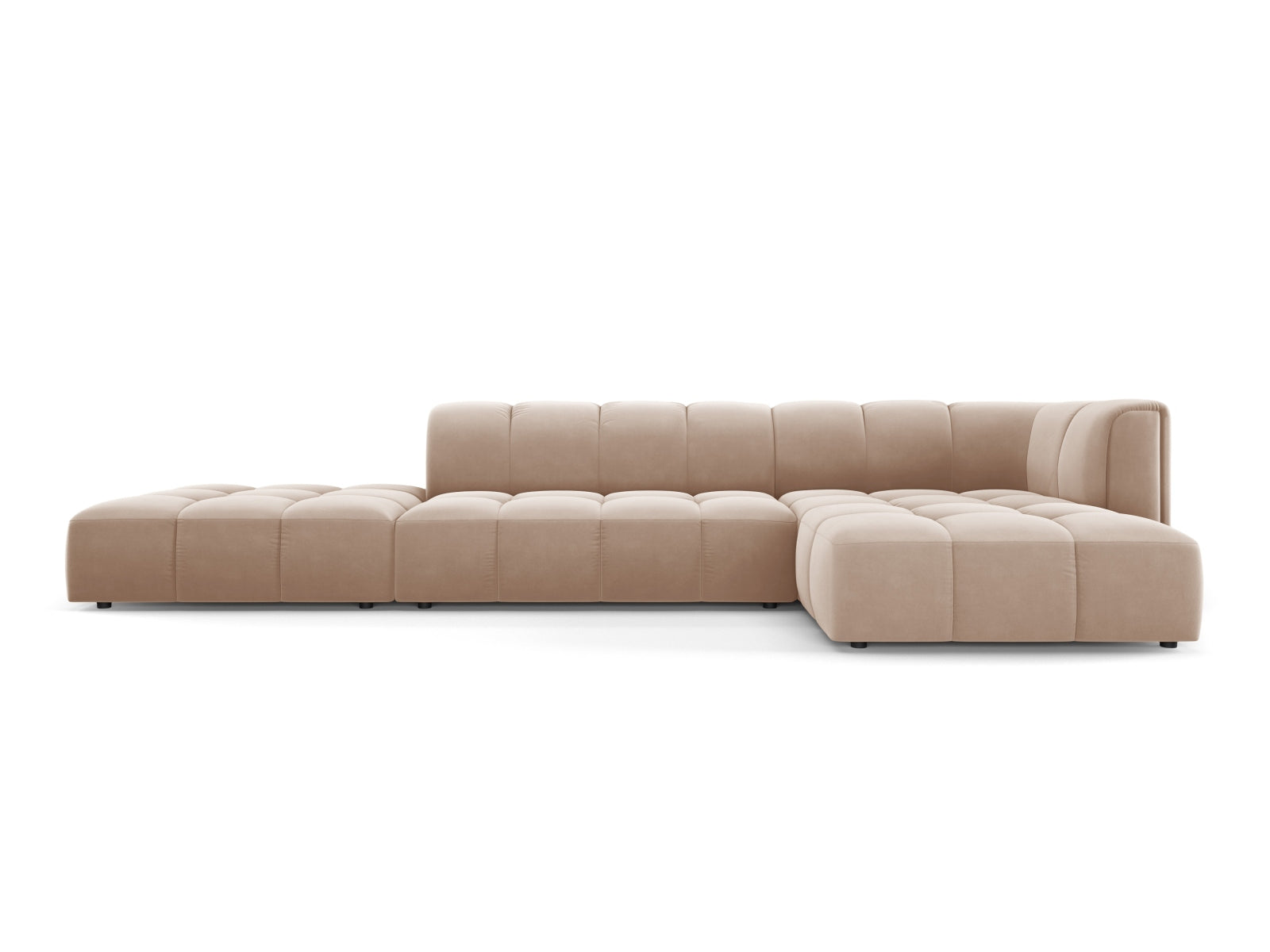 Modulares 5-Sitzer Ecksofa Moritz in sanften Beige- und Blautönen, ideal für moderne Wohnräume und gemütliche Zusammenkünfte.