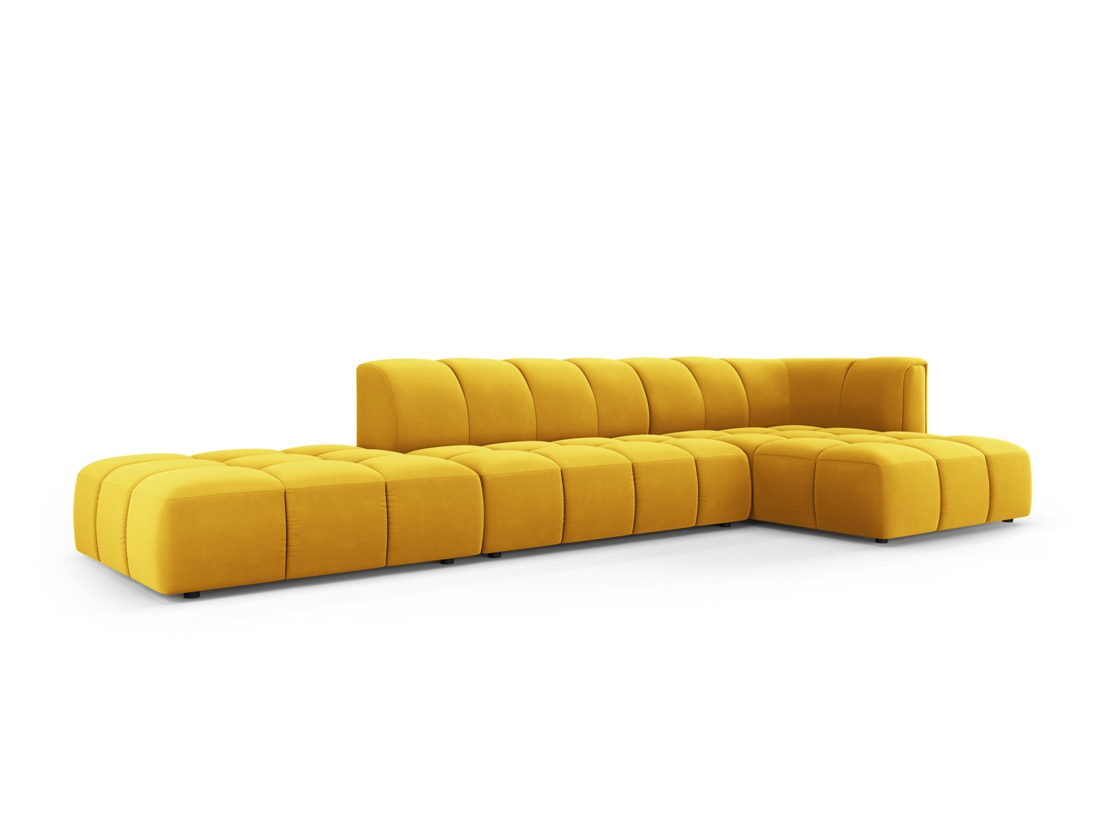 Elegantes 5-Sitzer Ecksofa Moritz in trendigem Gelb-Bluvel, perfekt für stilvolle Wohnzimmer und entspannte Abende, erhältlich bei Cosmopolitan Design.