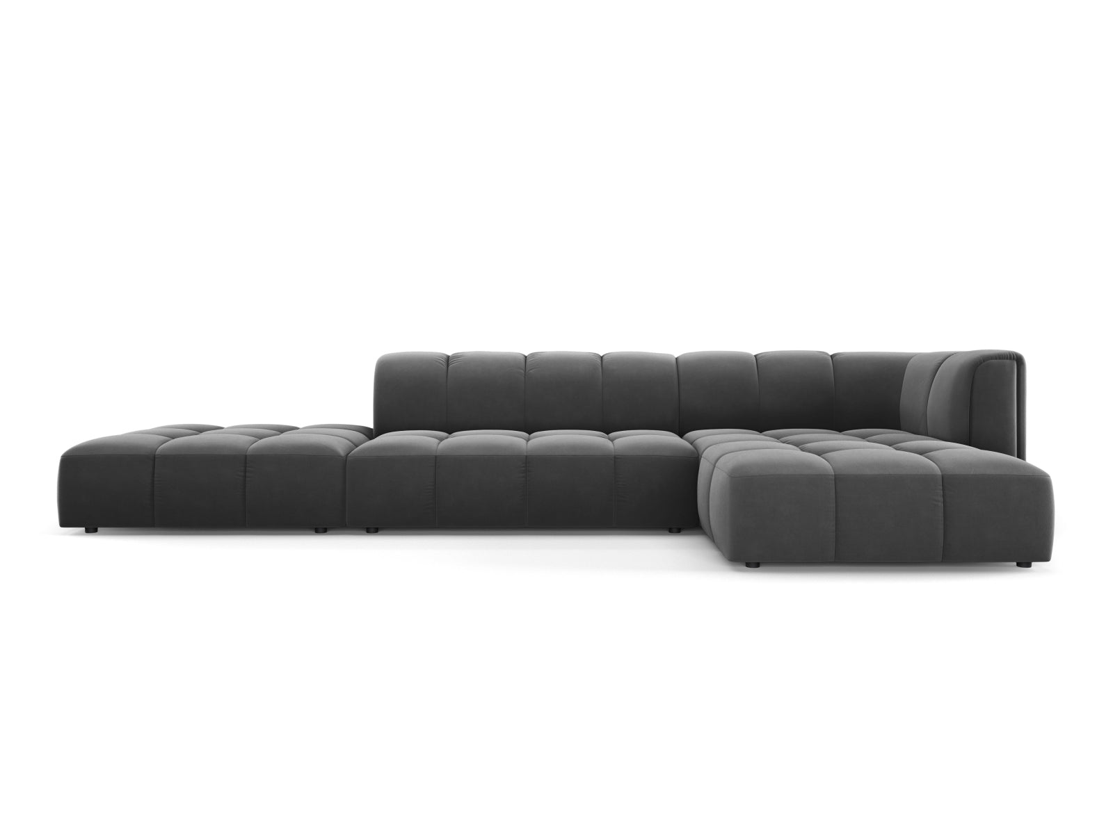 Modernes 5-Sitzer Ecksofa Moritz in elegantem Grau-Bluvel, ideal für komfortable und stilvolle Wohnräume von Cosmopolitan Design.