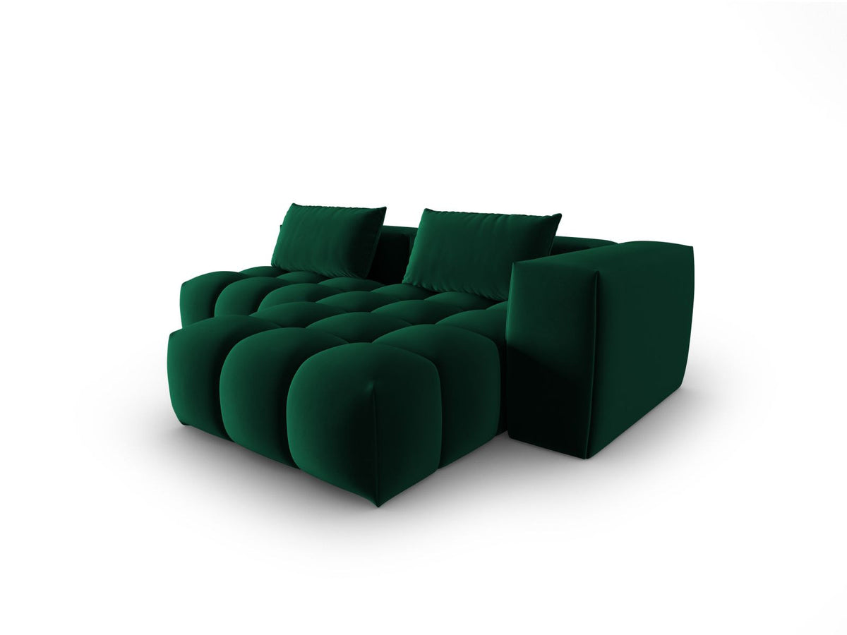 Modulares Ecksofa rechts in Sand-Casino Samt mit Massivholzrahmen, schwarzen Kunststoffbeinen und drei Sitzplätzen, seitliche Ansicht.