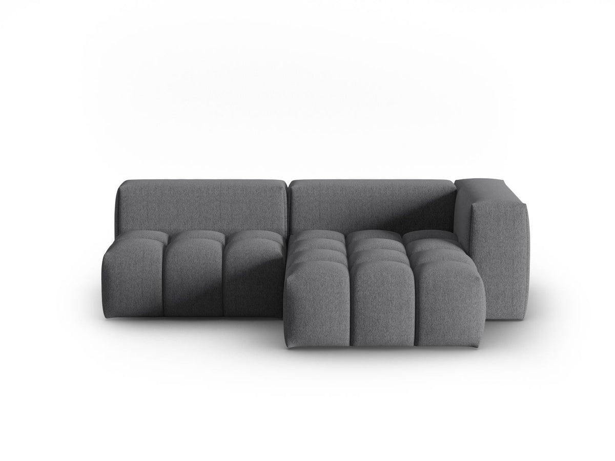Modulares Ecksofa Verona rechts mit 3 Sitzplätzen, bezogen mit beigem Sorella-Strukturstoff, schwarze Kunststoffbeine, Massivholzrahmen sichtbar