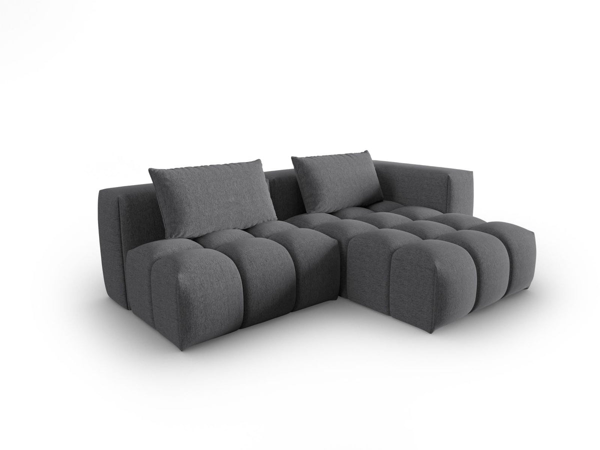 Modulares Ecksofa Verona rechts mit 3 Sitzplätzen, bezogen mit beigem Sorella-Strukturstoff, schwarze Kunststoffbeine, Massivholzrahmen sichtbar