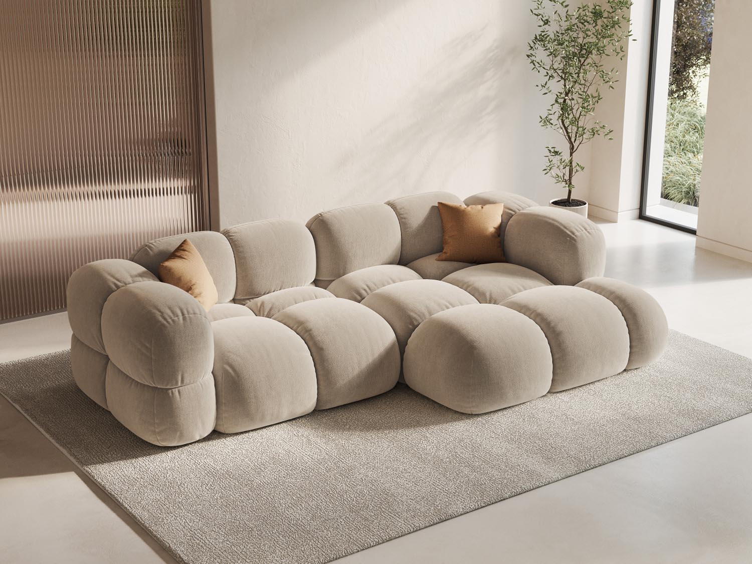 Elegantes Loretto Velour Ecksofa in Light Beige-Vogue, ideal für stilvolle Wohnräume, präsentiert als 3-Sitzer mit komfortablem Design.