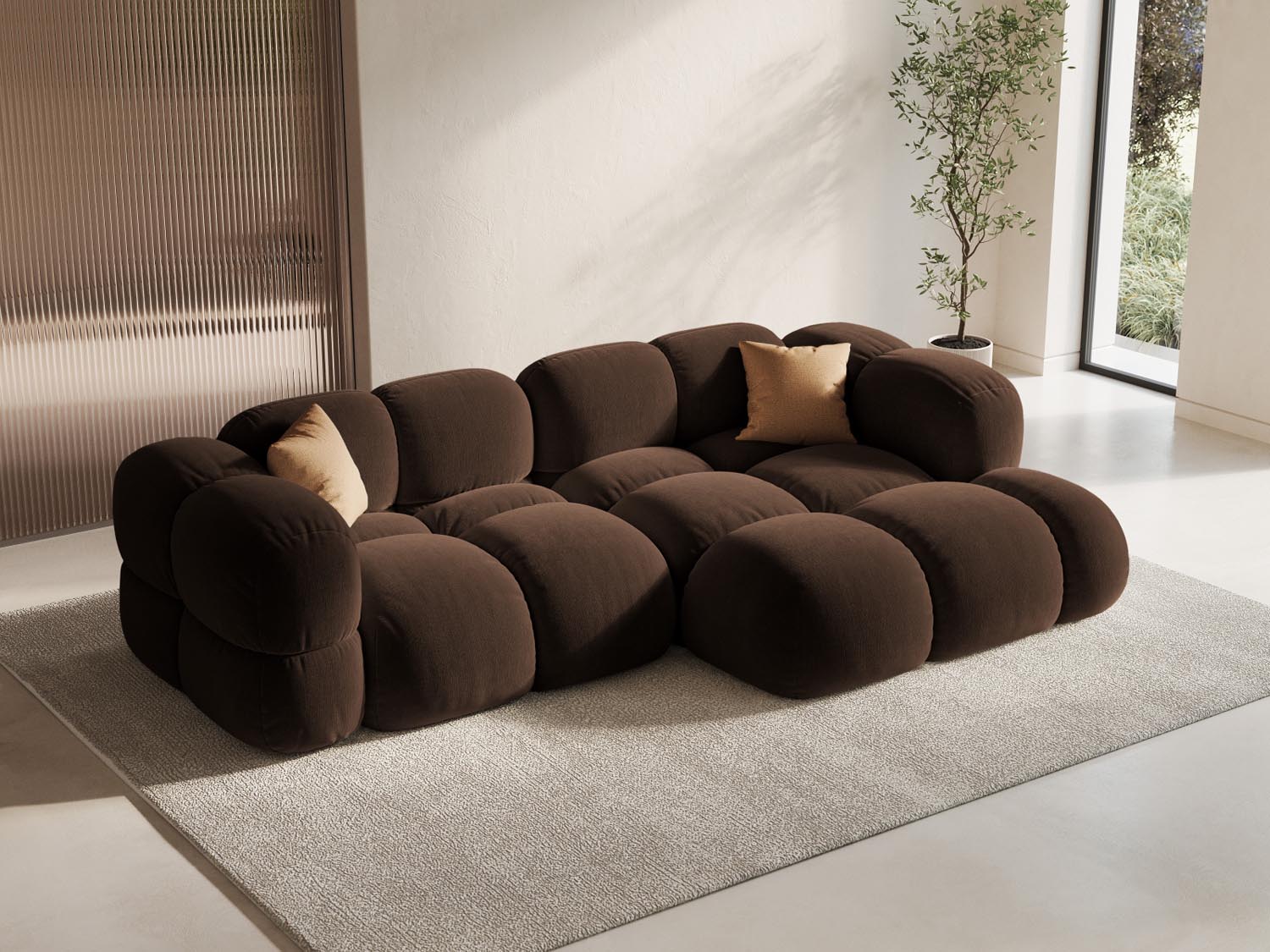 Elegantes Loretto Velour Ecksofa in Chocolate-Vogue, 3-Sitzer, 147cm, ideal für stilvolle Wohnräume, präsentiert von KAQTU Design AG.