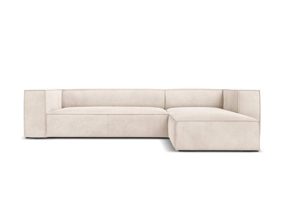 Turin Ecksofa rechts mit Chenille-Bezug in Light Beige-Rosario, Massivholzrahmen aus Kiefer und Beinen aus schwarzem Buchenholz, Récamiere-Form.