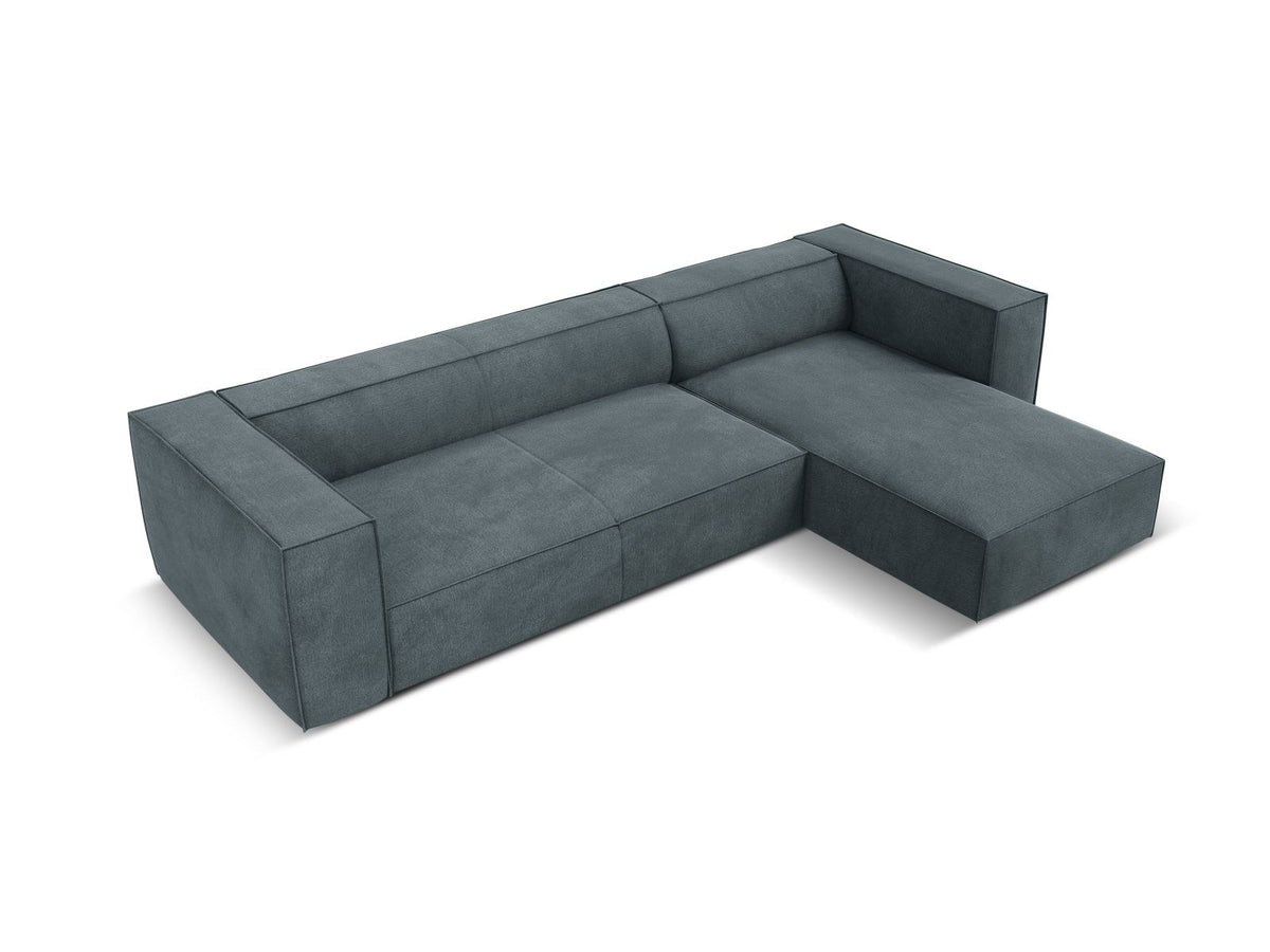 Turin Ecksofa rechts mit Chenille-Bezug in Light Beige-Rosario, Massivholzrahmen aus Kiefer und Beinen aus schwarzem Buchenholz, Récamiere-Form.